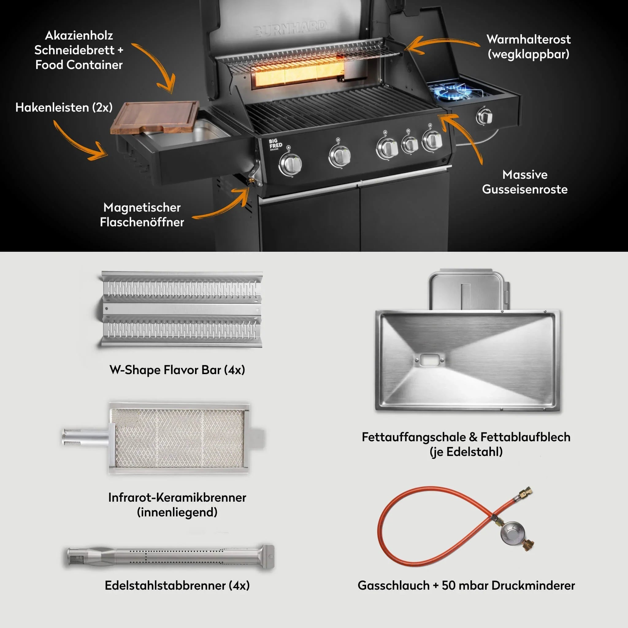 Burnhard Big FRED Deluxe Gasgrill Black Edition 4 - Brenner mit Gusseisenrost Series 4 - Grillstar.deBurnhard Big FRED Deluxe Gasgrill Black Edition 4 - Brenner mit Gusseisenrost Series 4BurnhardGrillstar.de