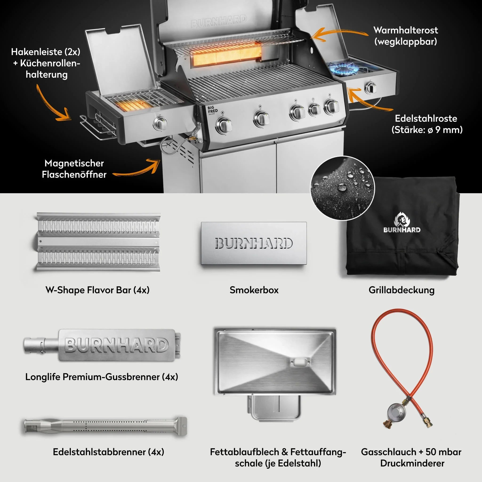 Burnhard Big FRED Deluxe+ Gasgrill Edelstahl 4 - Brenner mit Edelstahlrost Series 4 - Grillstar.deBurnhard Big FRED Deluxe+ Gasgrill Edelstahl 4 - Brenner mit Edelstahlrost Series 4BurnhardGrillstar.de