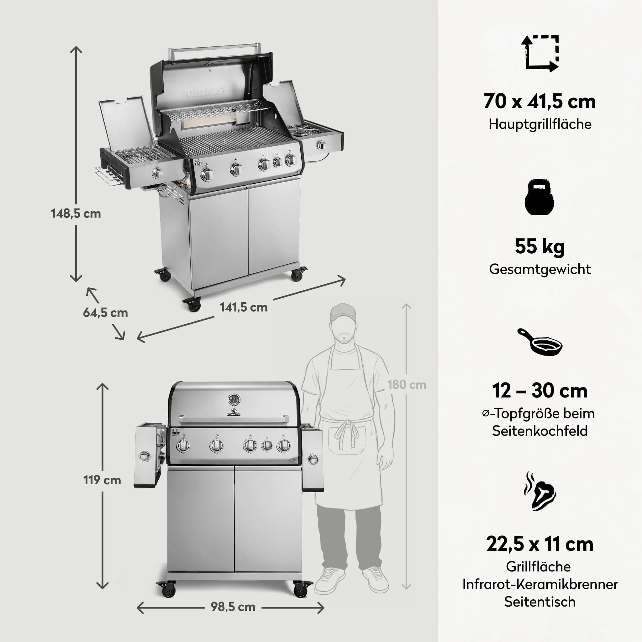 Burnhard Big FRED Deluxe+ Gasgrill Edelstahl 4 - Brenner mit Edelstahlrost Series 4 - Grillstar.deBurnhard Big FRED Deluxe+ Gasgrill Edelstahl 4 - Brenner mit Edelstahlrost Series 4BurnhardGrillstar.de