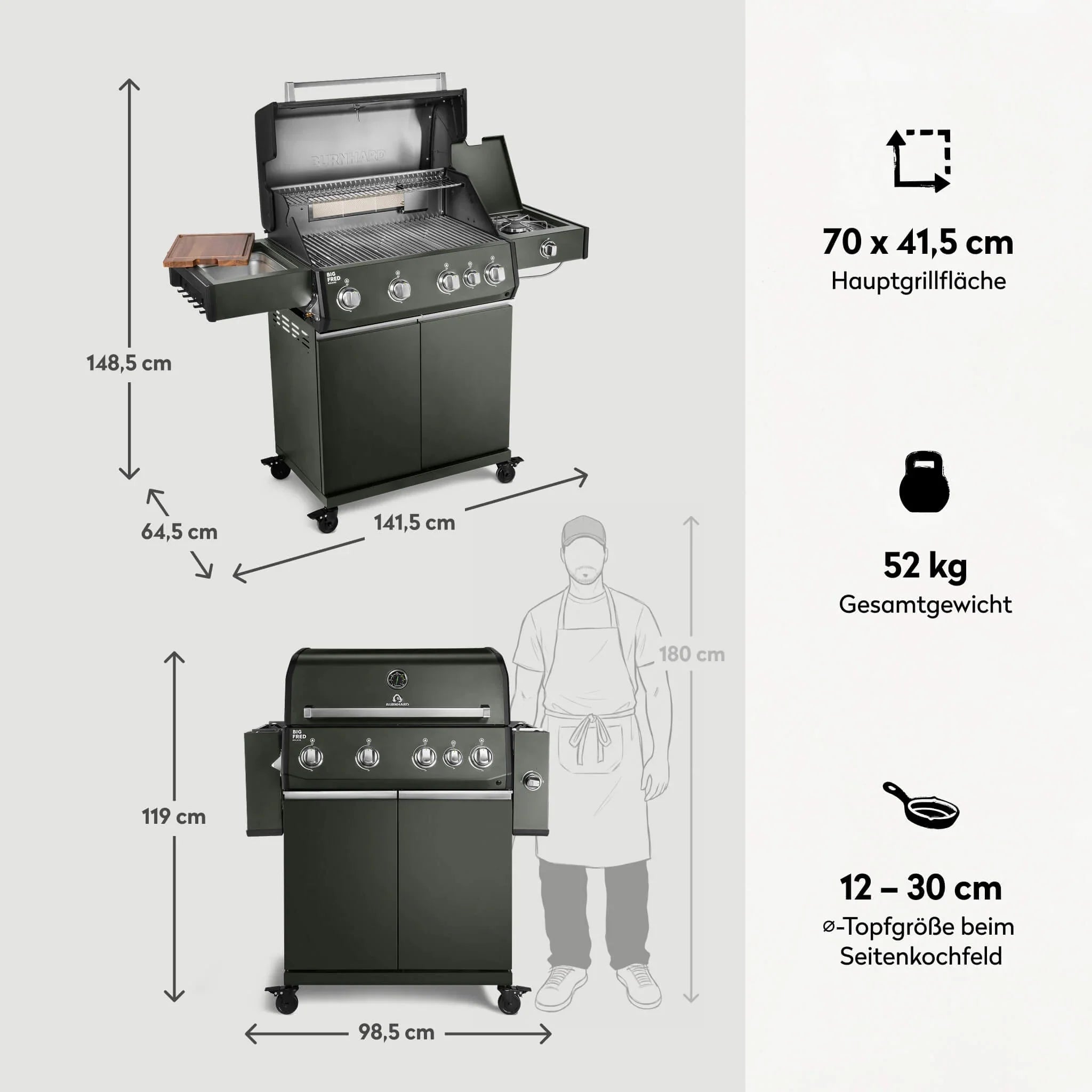 Burnhard Big FRED Deluxe Gasgrill Green Edition 4 - Brenner mit Edelstahlrost Series 4 - Grillstar.deBurnhard Big FRED Deluxe Gasgrill Green Edition 4 - Brenner mit Edelstahlrost Series 4BurnhardGrillstar.de