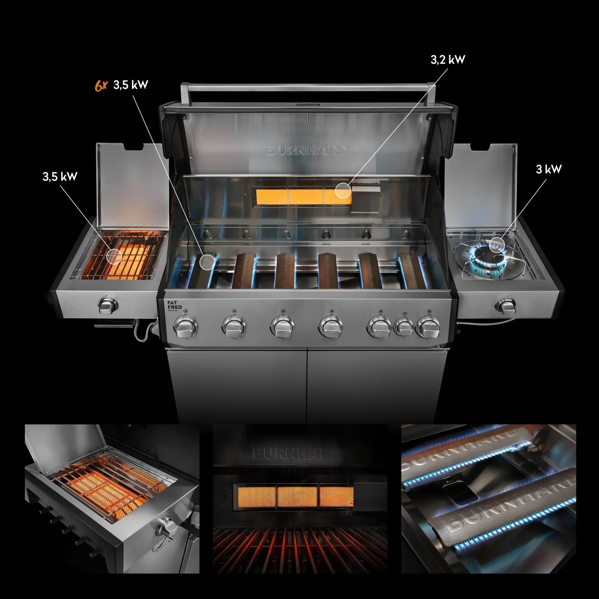 Burnhard Fat FRED Deluxe+ Gasgrill 6 - Brenner Edelstahl mit Gusseisenrost Series 4 - Grillstar.deBurnhard Fat FRED Deluxe+ Gasgrill 6 - Brenner Edelstahl mit Gusseisenrost Series 4BurnhardGrillstar.de
