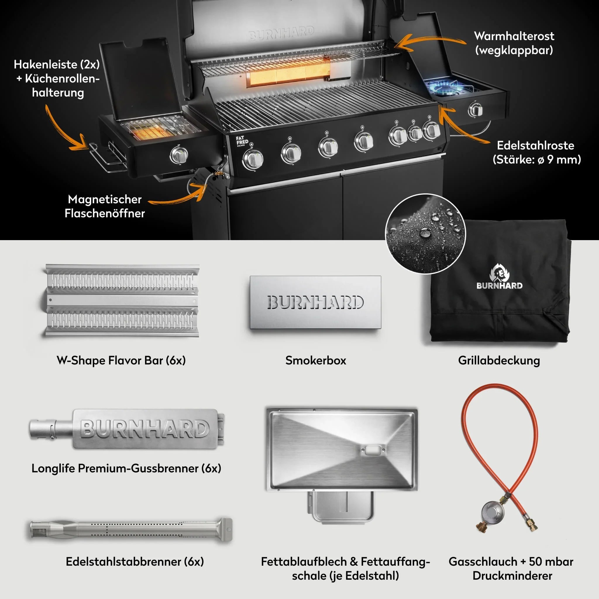Burnhard Fat FRED Deluxe+ Gasgrill Black Edition 6 - Brenner mit Edelstahlrost (Series 4) - Grillstar.deBurnhard Fat FRED Deluxe+ Gasgrill Black Edition 6 - Brenner mit Edelstahlrost (Series 4)BurnhardGrillstar.de