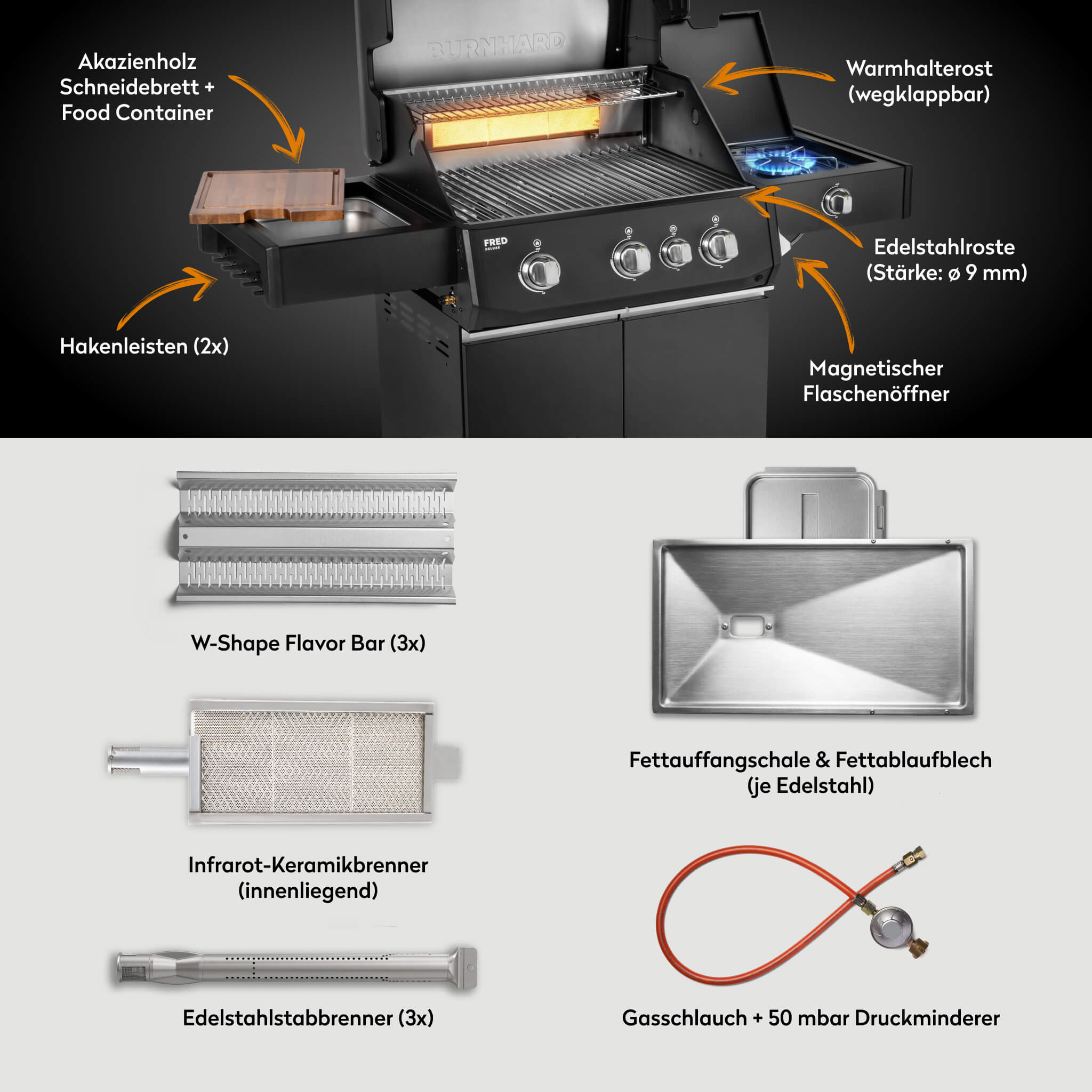 Burnhard FRED Deluxe Gasgrill 3 - Brenner Black Edition mit Edelstahlrost Series 4 - Grillstar.deBurnhard FRED Deluxe Gasgrill 3 - Brenner Black Edition mit Edelstahlrost Series 4BurnhardGrillstar.de