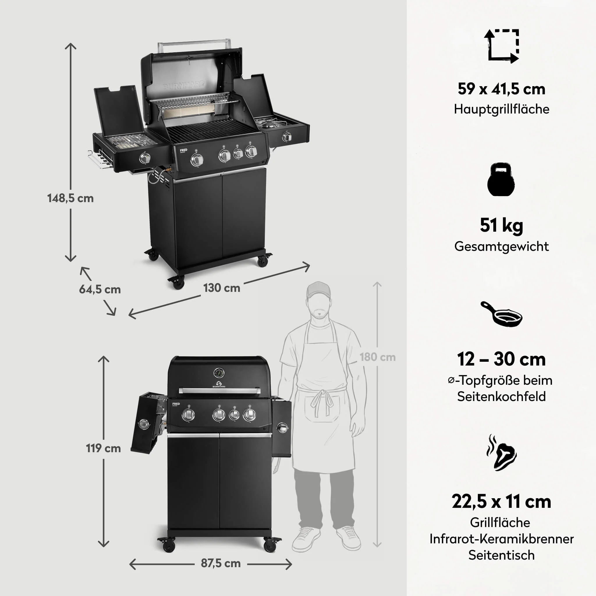 Burnhard FRED Deluxe+ Schwarz mit Gussrosten - Grillstar.deBurnhard FRED Deluxe+ Schwarz mit GussrostenGrillBurnhardGrillstar.de