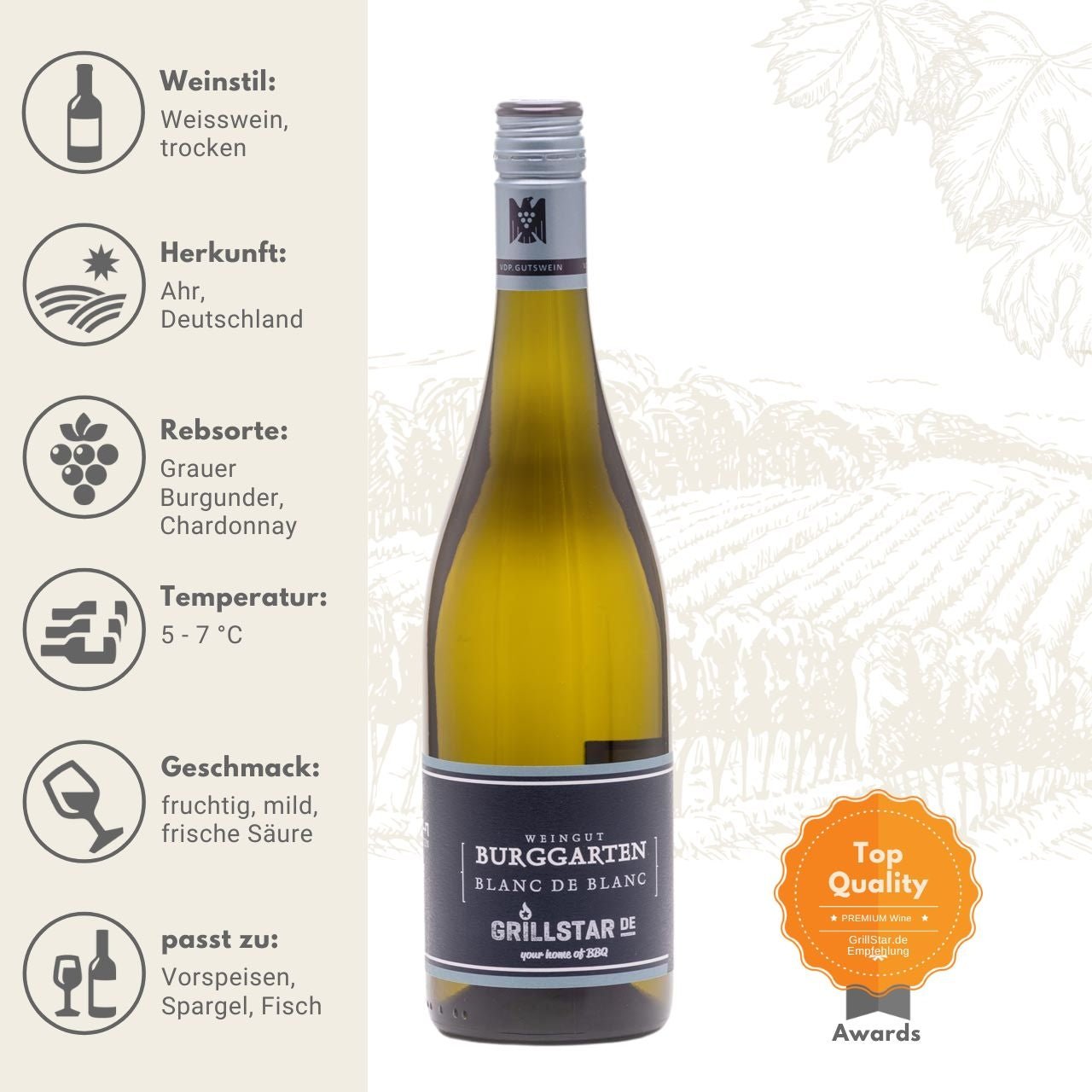 Grillstar Blanc de Blanc - Weingut Burggarten - Weißwein - Grillstar.deGrillstar Blanc de Blanc - Weingut Burggarten - WeißweinGrillstarGrillstar.de23 - 21 - G4260224820211