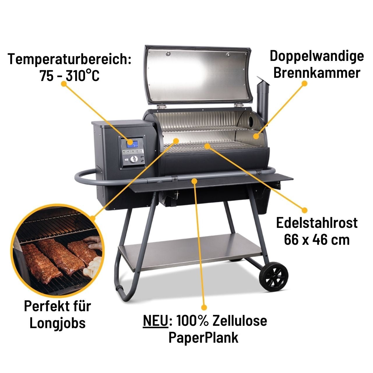 Moesta Sheriff Pelletgrill, inkl. Ablagebrett PaperPlank schwarz & Halterungen, 66 x 44 cm Grillfläche - Grillstar.deMoesta Sheriff Pelletgrill, inkl. Ablagebrett PaperPlank schwarz & Halterungen, 66 x 44 cm GrillflächeMoestaGrillstar.de198834260664772552