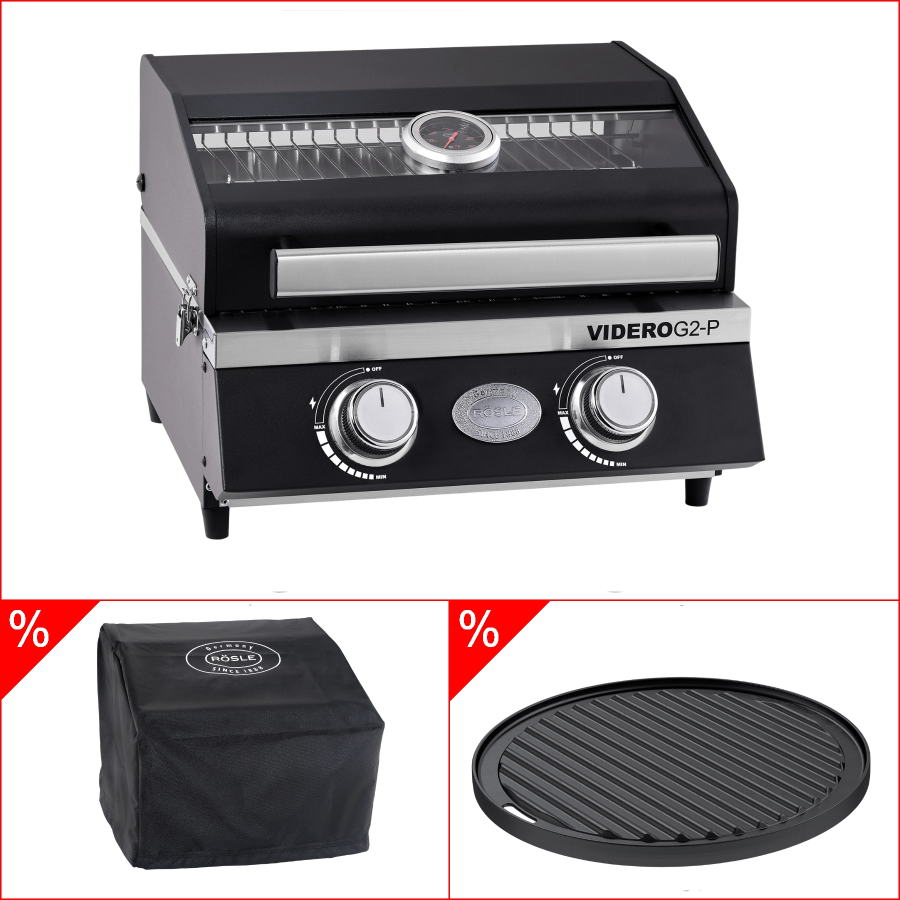 Rösle Gasgrill BBQ - Portable VIDERO G2 - P 30mbar inklusive Abdeckhaube und Grillplatte, rund - Grillstar.deRösle Gasgrill BBQ - Portable VIDERO G2 - P 30mbar inklusive Abdeckhaube und Grillplatte, rundGrillstar.deGrillstar.de