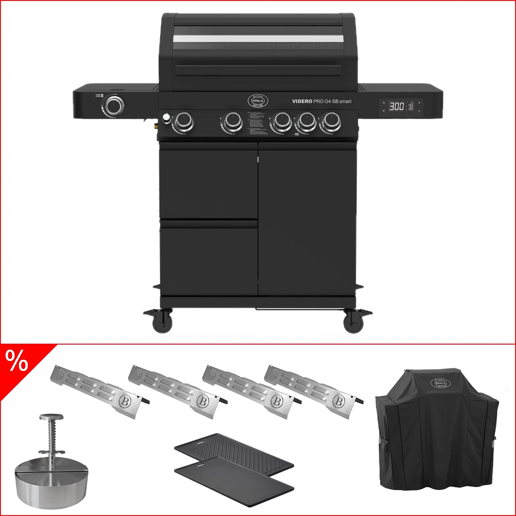 Rösle Videro Pro G4 - SB smart Vario+ inkl. Rösle Abdeckhaube, 4x Babossa Flammschutzbleche, Gussplatte & Burger Presse - Grillstar.deRösle Videro Pro G4 - SB smart Vario+ inkl. Rösle Abdeckhaube, 4x Babossa Flammschutzbleche, Gussplatte & Burger PresseRösleGrillstar.de25602_F_S_R_25440_25517_B - 31000