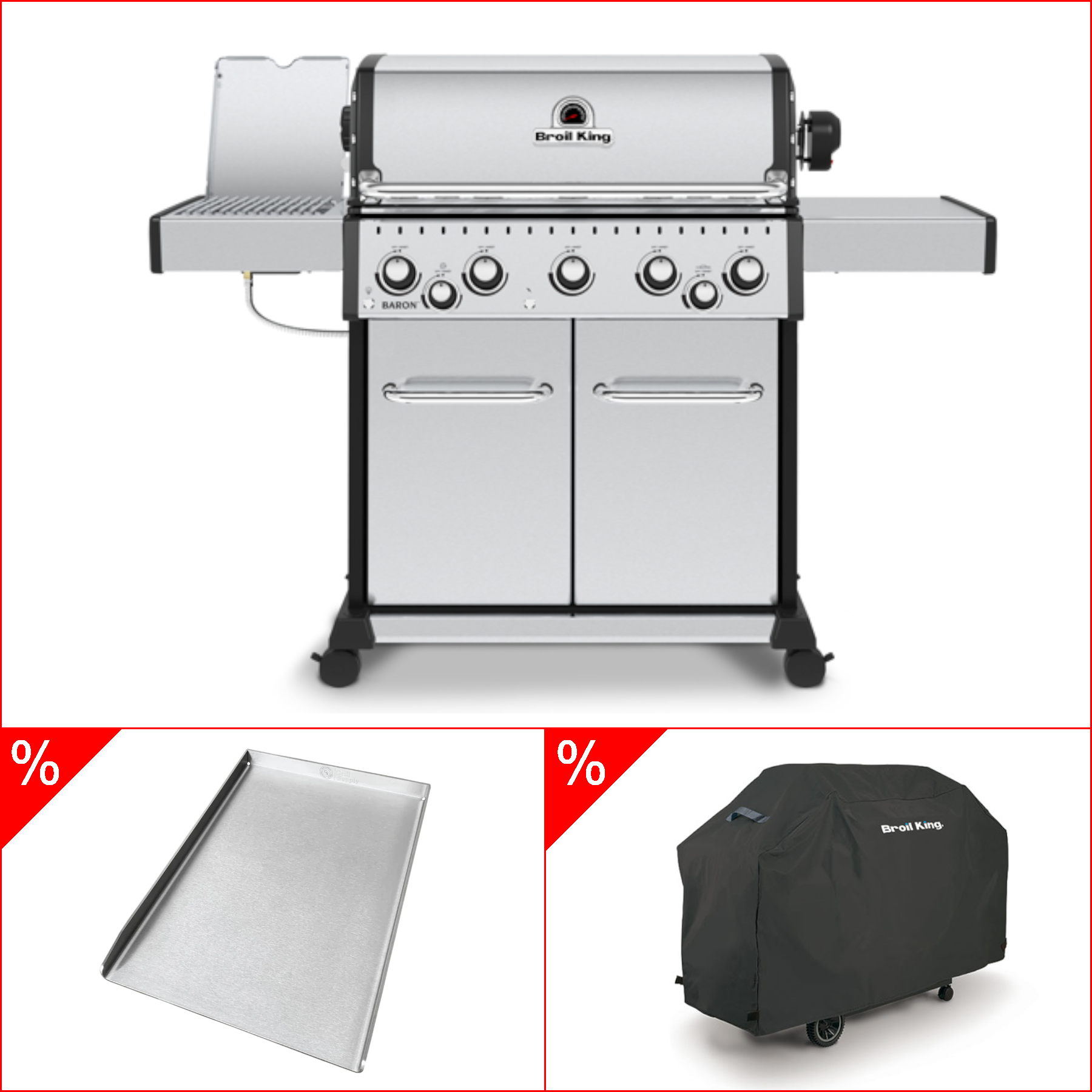 Broil King Baron S 590 IR inkl. Drehspieß, Abdeckhaube & Babossa Edelstahl Plancha