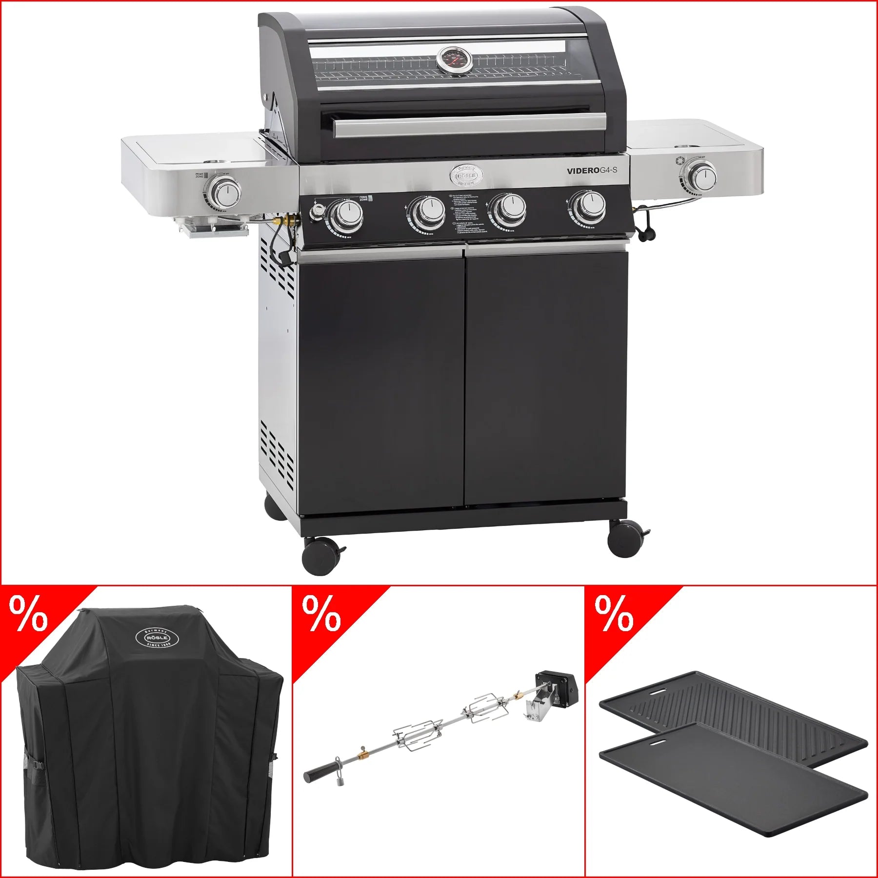 Produktbild Rösle Videro G4-S Vario+ schwarz inkl. Abdeckhaube, Rotisserie & Grillplatte