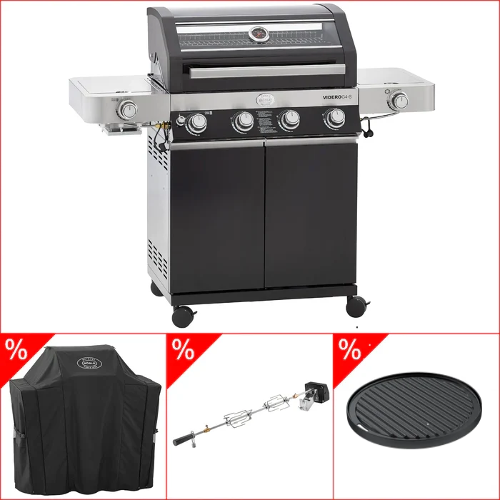 Rösle Videro G4-S Vario+ schwarz inkl. Abdeckhaube, Rotisserie & Grillplatte rund