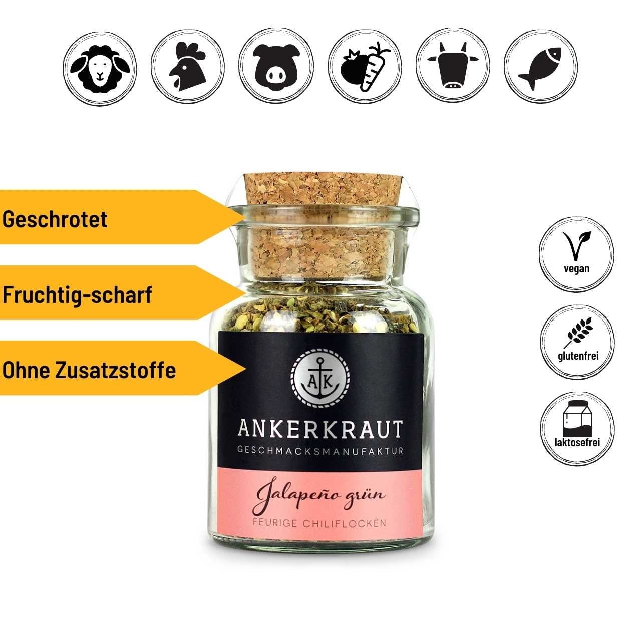 Ankerkraut grüne Jalapeño, 45g Korkenglas - Grillstar.deAnkerkraut grüne Jalapeño, 45g KorkenglasAnkerkrautGrillstar.de42603478900784260347890078