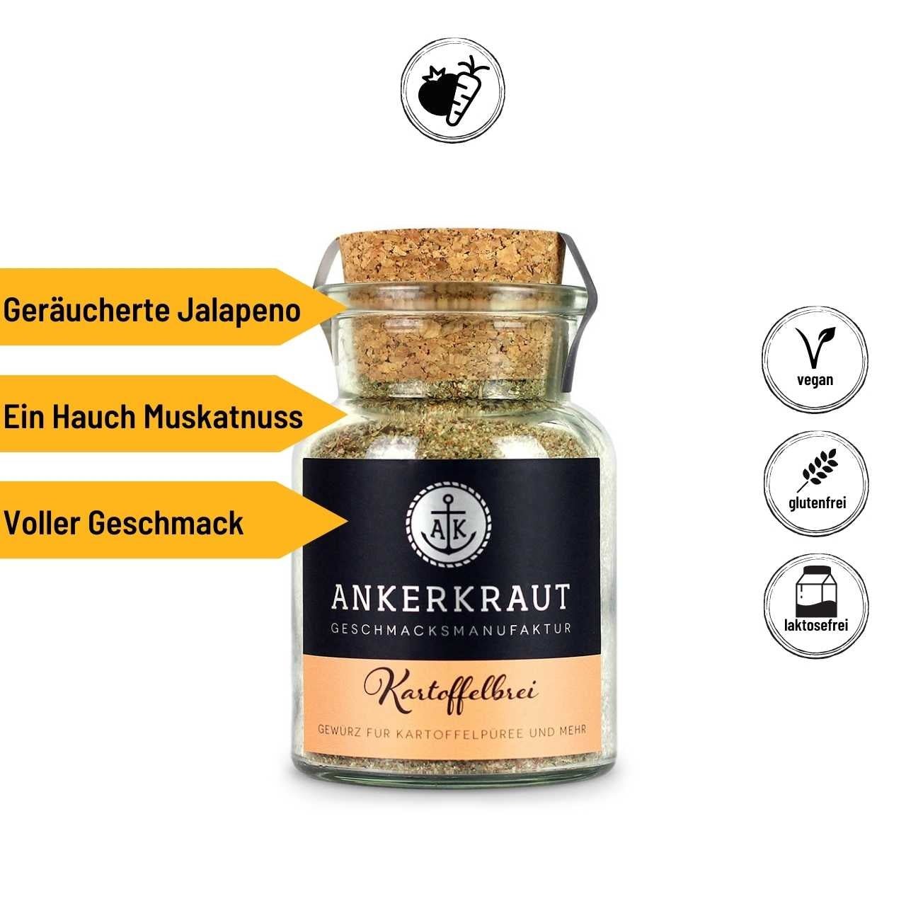 Ankerkraut Kartoffelbrei Gewürz, 80g Korkenglas - Grillstar.deAnkerkraut Kartoffelbrei Gewürz, 80g KorkenglasAnkerkrautGrillstar.de42603478986614260347898661