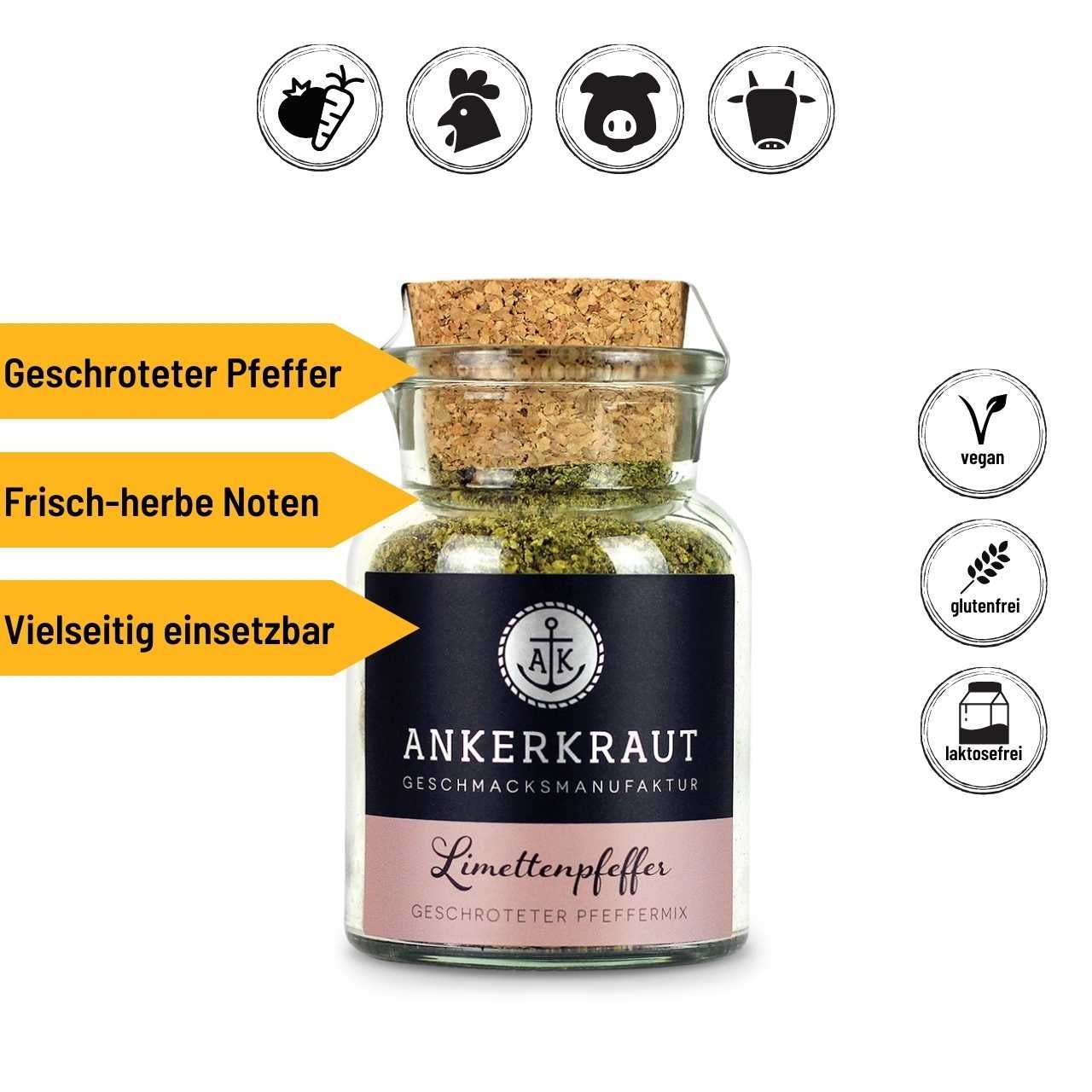 Ankerkraut Limettenpfeffer - grob, 75g Korkenglas - Grillstar.deAnkerkraut Limettenpfeffer - grob, 75g KorkenglasAnkerkrautGrillstar.de42603478905734260347890573