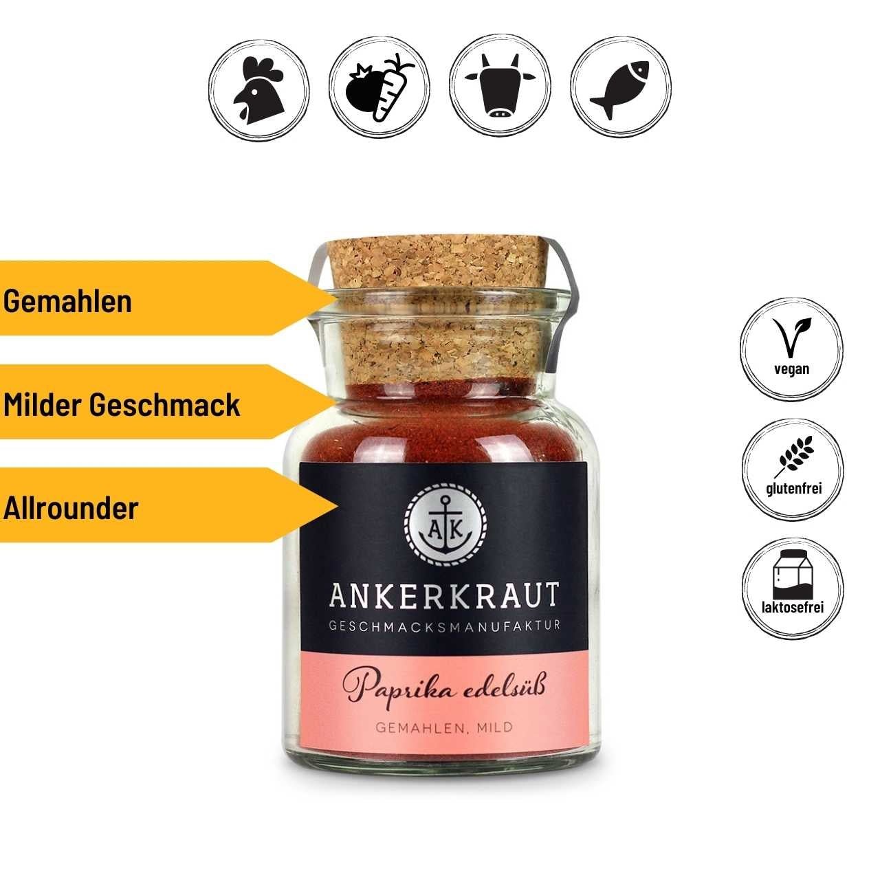 Ankerkraut Paprika edelsüß, 70g Korkenglas - Grillstar.deAnkerkraut Paprika edelsüß, 70g KorkenglasAnkerkrautGrillstar.de42603478900924260347890092