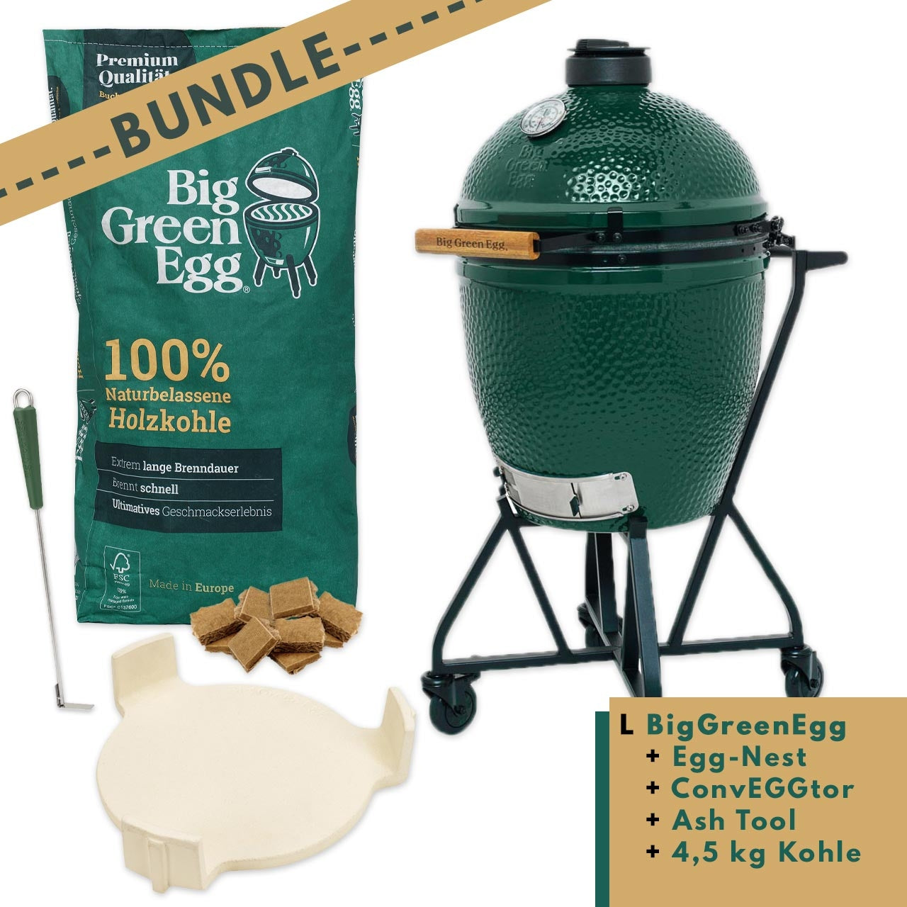 Big Green Egg Starter Paket Large inkl. Grillrostzange & gelochter halbrunder Rost