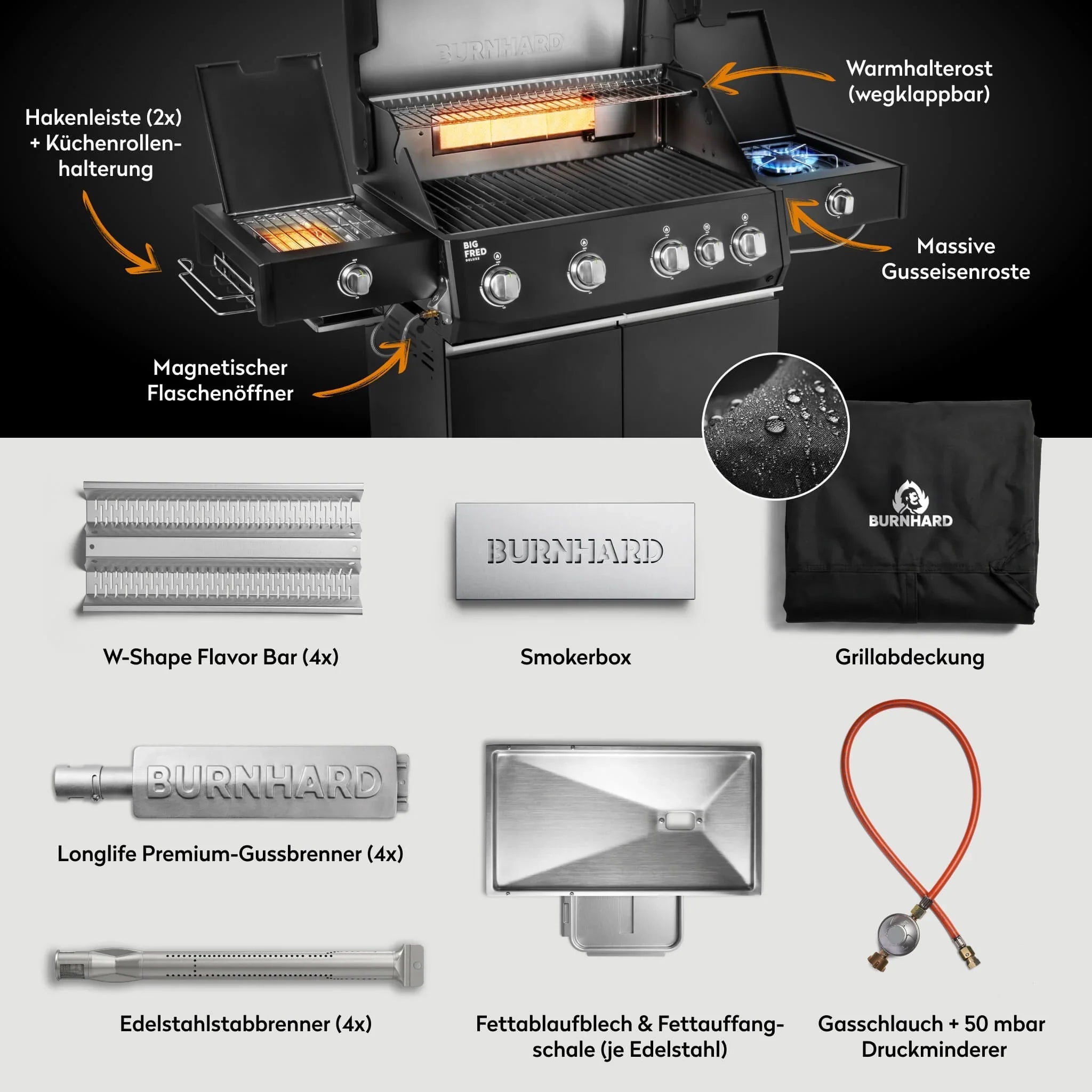 Burnhard Big FRED Deluxe+ Gasgrill Black Edition 4 - Brenner mit Edelstahlrost Series 4 - Grillstar.deBurnhard Big FRED Deluxe+ Gasgrill Black Edition 4 - Brenner mit Edelstahlrost Series 4BurnhardGrillstar.de