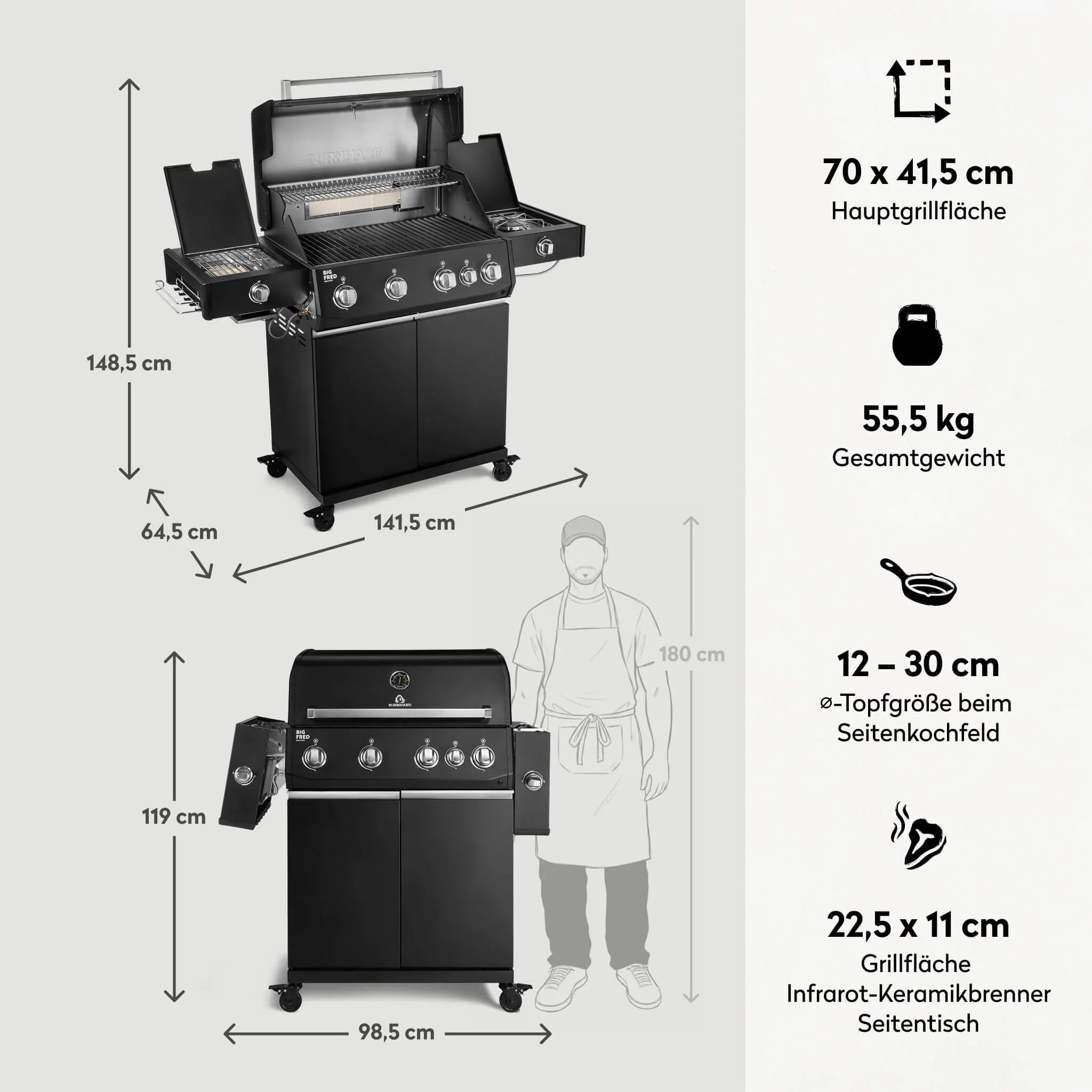 Burnhard Big FRED Deluxe+ Gasgrill Black Edition 4 - Brenner mit Edelstahlrost Series 4 - Grillstar.deBurnhard Big FRED Deluxe+ Gasgrill Black Edition 4 - Brenner mit Edelstahlrost Series 4BurnhardGrillstar.de