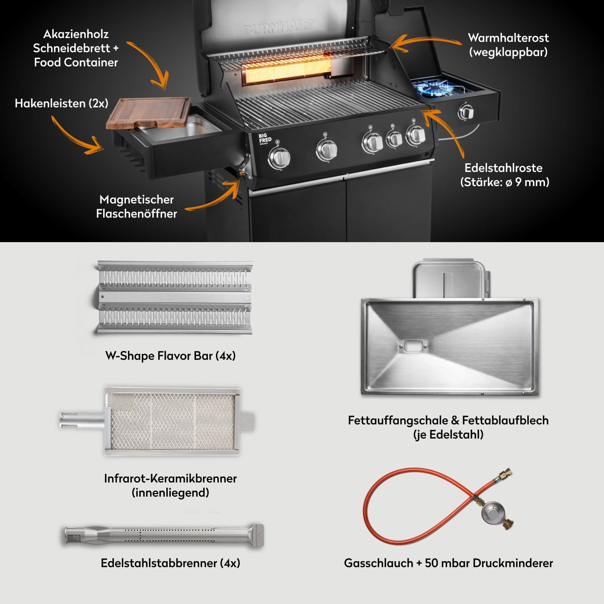 Burnhard Big FRED Deluxe Gasgrill Black Edition 4 - Brenner mit Edelstahlrost Series 4 - Grillstar.deBurnhard Big FRED Deluxe Gasgrill Black Edition 4 - Brenner mit Edelstahlrost Series 4BurnhardGrillstar.de