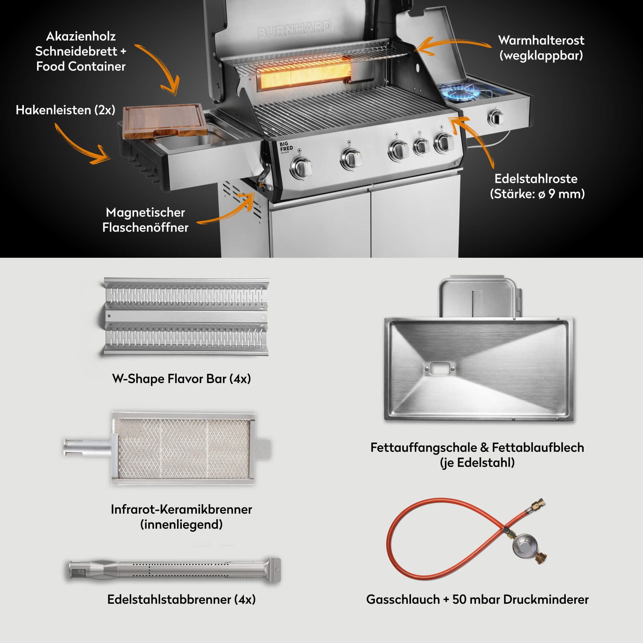 Burnhard Big FRED Deluxe Gasgrill Edelstahl 4 - Brenner mit Edelstahlrost Series 4 - Grillstar.deBurnhard Big FRED Deluxe Gasgrill Edelstahl 4 - Brenner mit Edelstahlrost Series 4BurnhardGrillstar.de