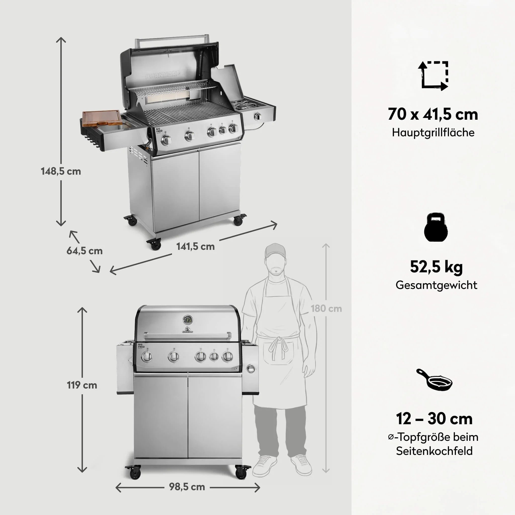 Burnhard Big FRED Deluxe Gasgrill Edelstahl 4 - Brenner mit Edelstahlrost Series 4 - Grillstar.deBurnhard Big FRED Deluxe Gasgrill Edelstahl 4 - Brenner mit Edelstahlrost Series 4BurnhardGrillstar.de