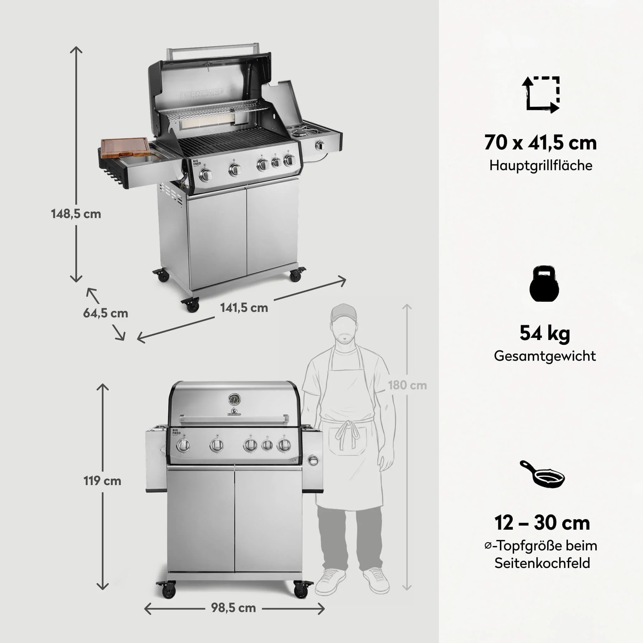 Burnhard Big FRED Deluxe Gasgrill Edelstahl 4 - Brenner mit Gusseisenrost Series 4 - Grillstar.deBurnhard Big FRED Deluxe Gasgrill Edelstahl 4 - Brenner mit Gusseisenrost Series 4BurnhardGrillstar.de