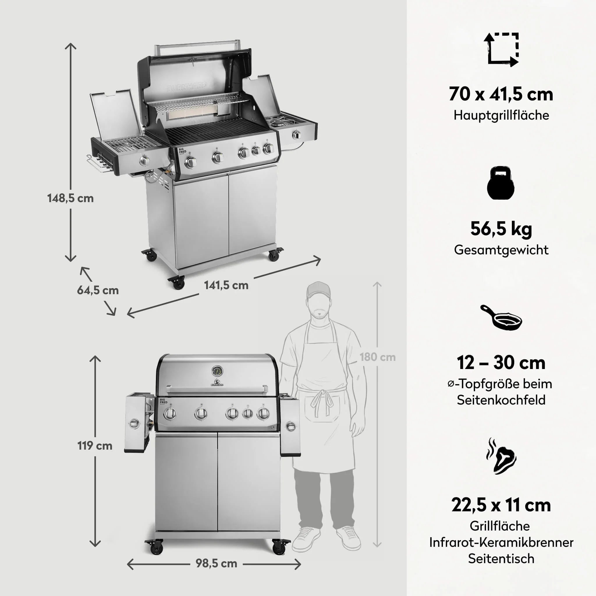 Burnhard Big FRED Deluxe+ Gasgrill Edelstahl 4 - Brenner mit Gusseisenrost Series 4 - Grillstar.deBurnhard Big FRED Deluxe+ Gasgrill Edelstahl 4 - Brenner mit Gusseisenrost Series 4BurnhardGrillstar.de
