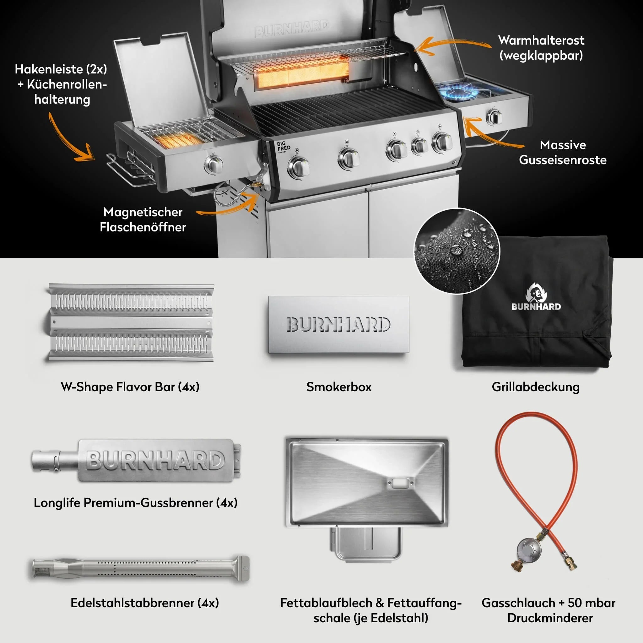 Burnhard Big FRED Deluxe+ Gasgrill Edelstahl 4 - Brenner mit Gusseisenrost Series 4 - Grillstar.deBurnhard Big FRED Deluxe+ Gasgrill Edelstahl 4 - Brenner mit Gusseisenrost Series 4BurnhardGrillstar.de