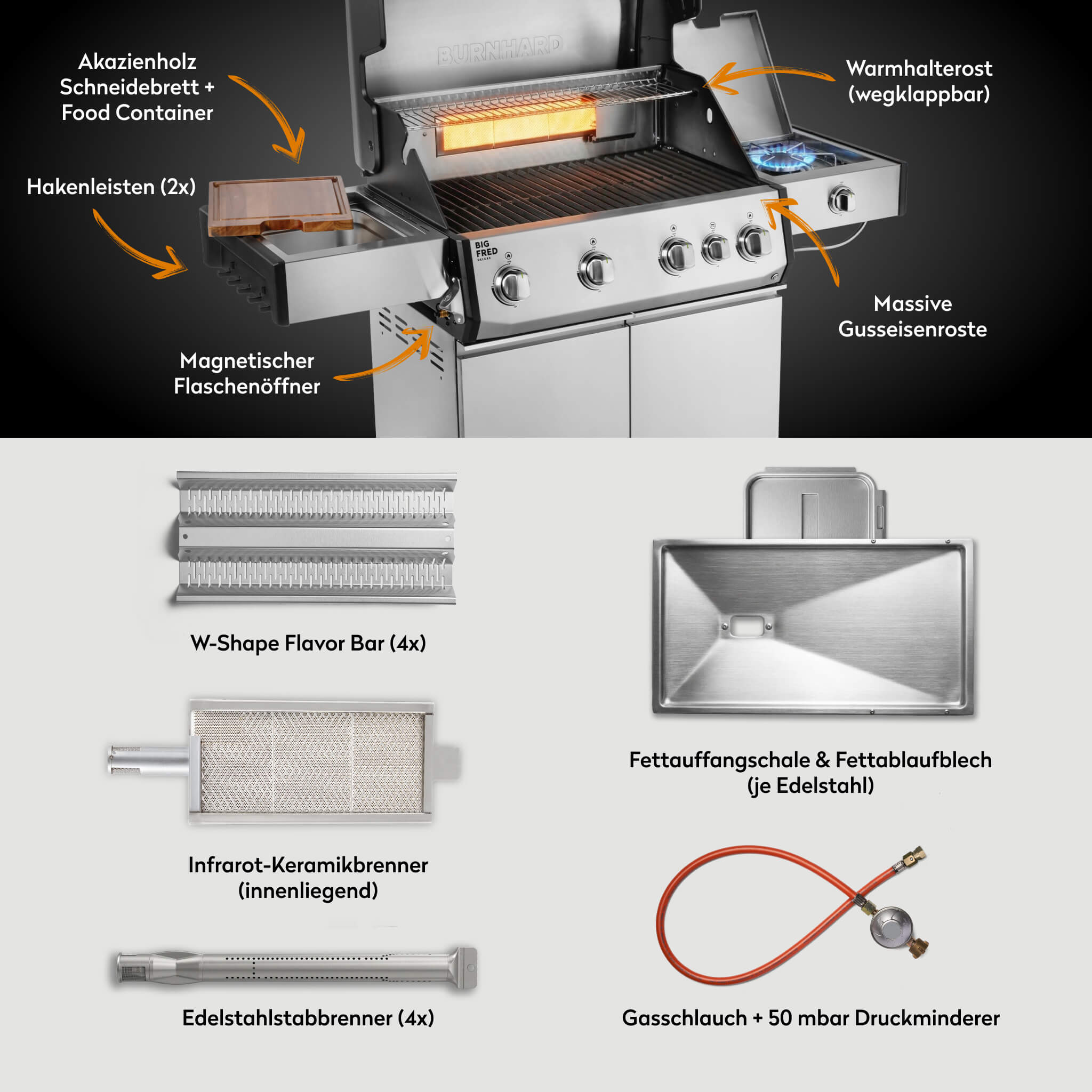 Burnhard Big FRED Deluxe Gasgrill Edelstahl 4 - Brenner mit Gusseisenrost Series 4 - Grillstar.deBurnhard Big FRED Deluxe Gasgrill Edelstahl 4 - Brenner mit Gusseisenrost Series 4BurnhardGrillstar.de