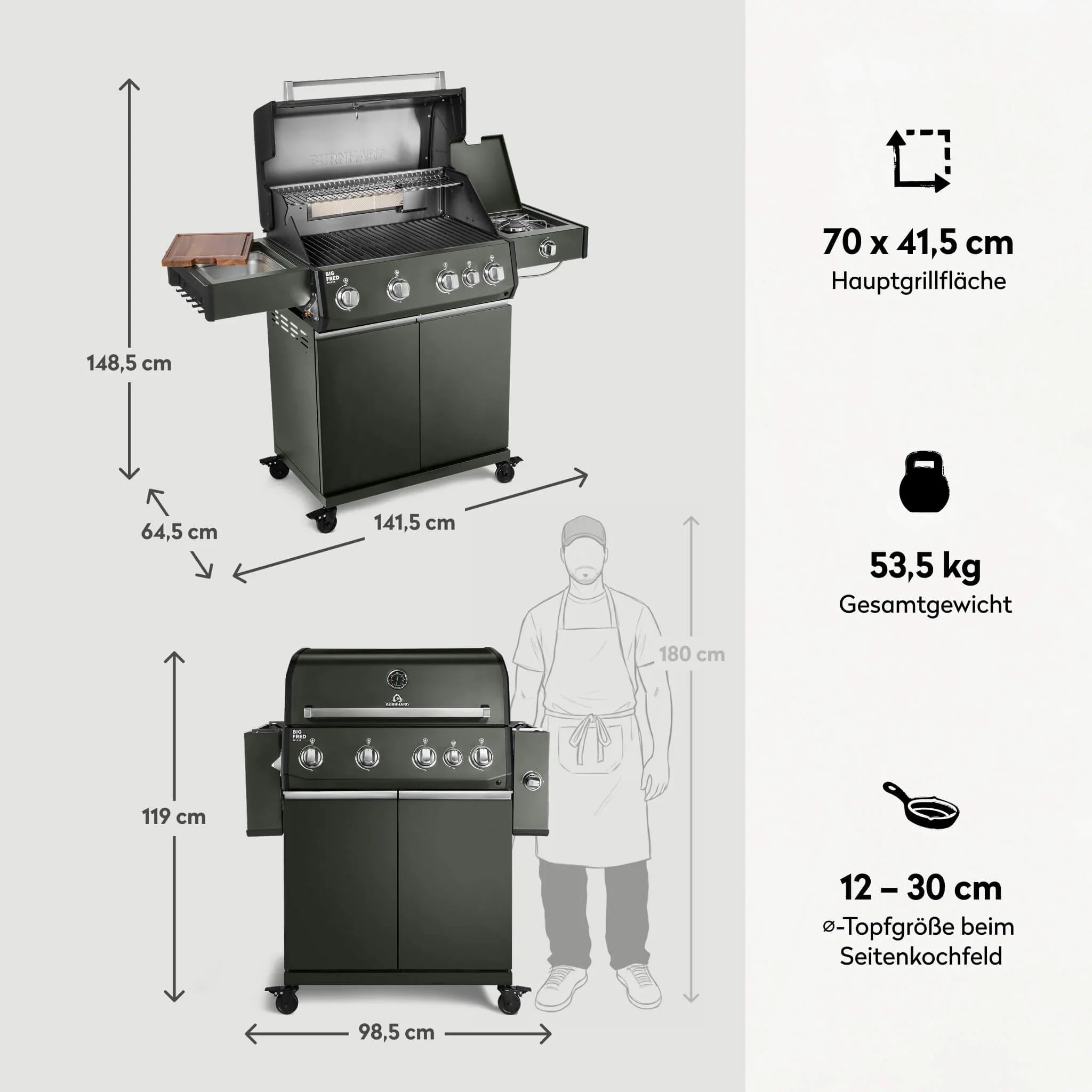 Burnhard Big FRED Deluxe Gasgrill Green Edition 4 - Brenner mit Gusseisenrost Series 4 - Grillstar.deBurnhard Big FRED Deluxe Gasgrill Green Edition 4 - Brenner mit Gusseisenrost Series 4BurnhardGrillstar.de