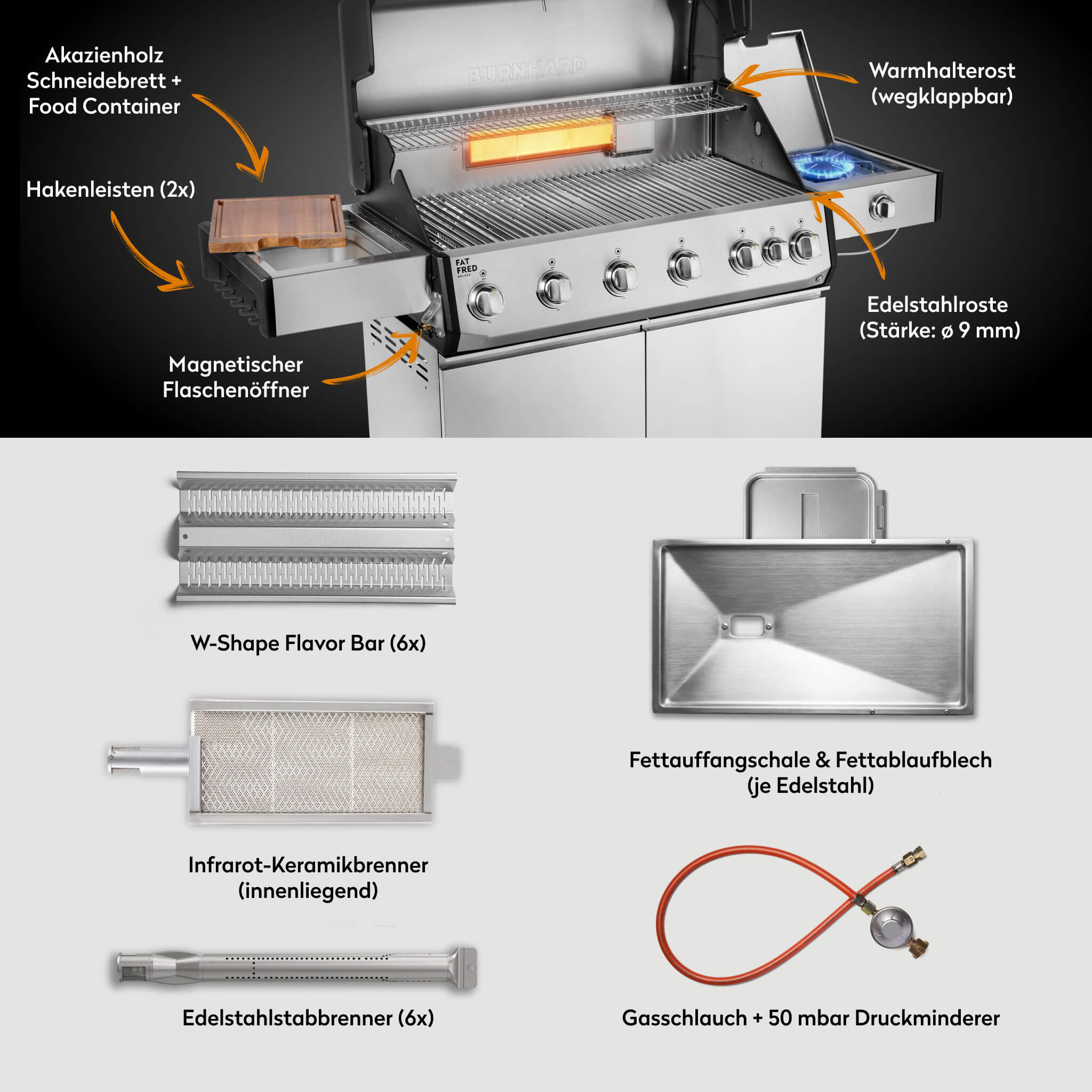Burnhard Fat FRED Deluxe Gasgrill 6 - Brenner Edelstahl mit Edelstahlrost Series 4 - Grillstar.deBurnhard Fat FRED Deluxe Gasgrill 6 - Brenner Edelstahl mit Edelstahlrost Series 4BurnhardGrillstar.de