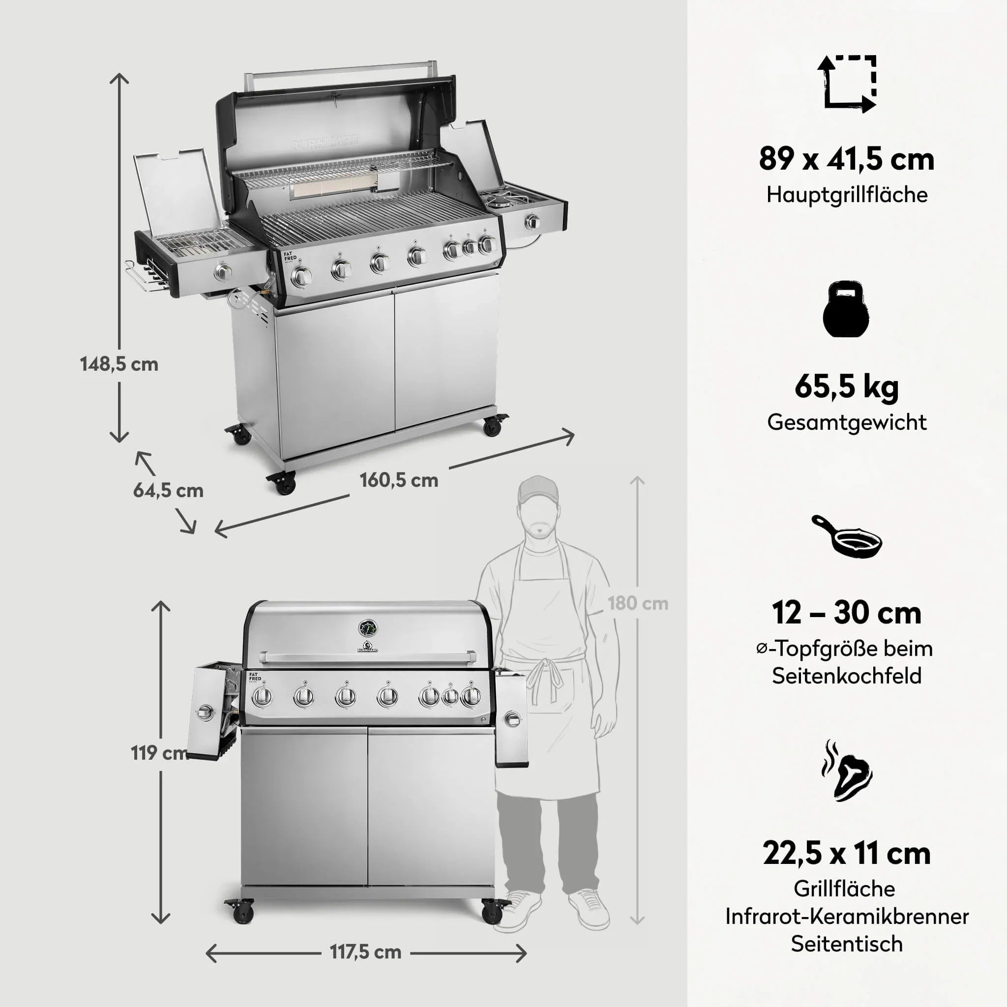 Burnhard Fat FRED Deluxe+ Gasgrill 6 - Brenner Edelstahl mit Edelstahlrost Series 4 - Grillstar.deBurnhard Fat FRED Deluxe+ Gasgrill 6 - Brenner Edelstahl mit Edelstahlrost Series 4BurnhardGrillstar.de