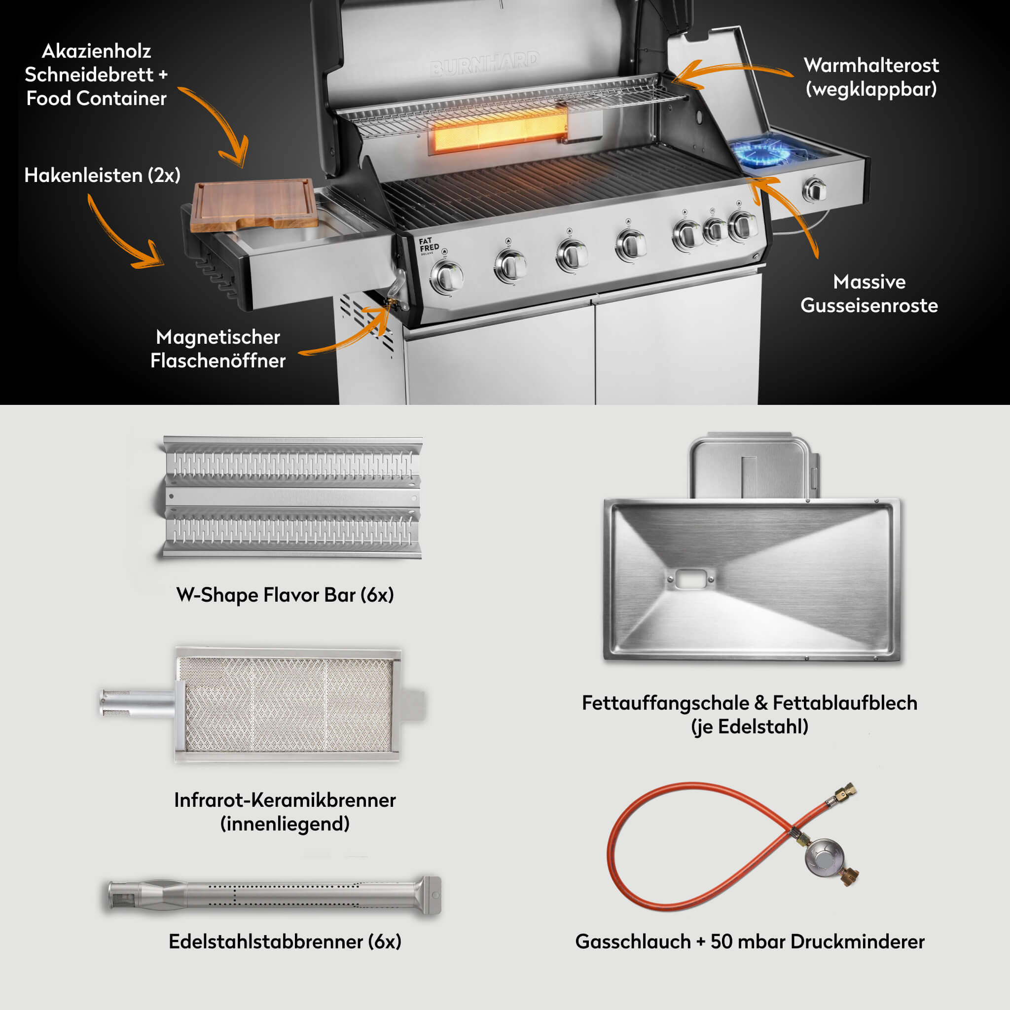 Burnhard Fat FRED Deluxe Gasgrill 6 - Brenner Edelstahl mit Gusseisenrost Series 4 - Grillstar.deBurnhard Fat FRED Deluxe Gasgrill 6 - Brenner Edelstahl mit Gusseisenrost Series 4BurnhardGrillstar.de