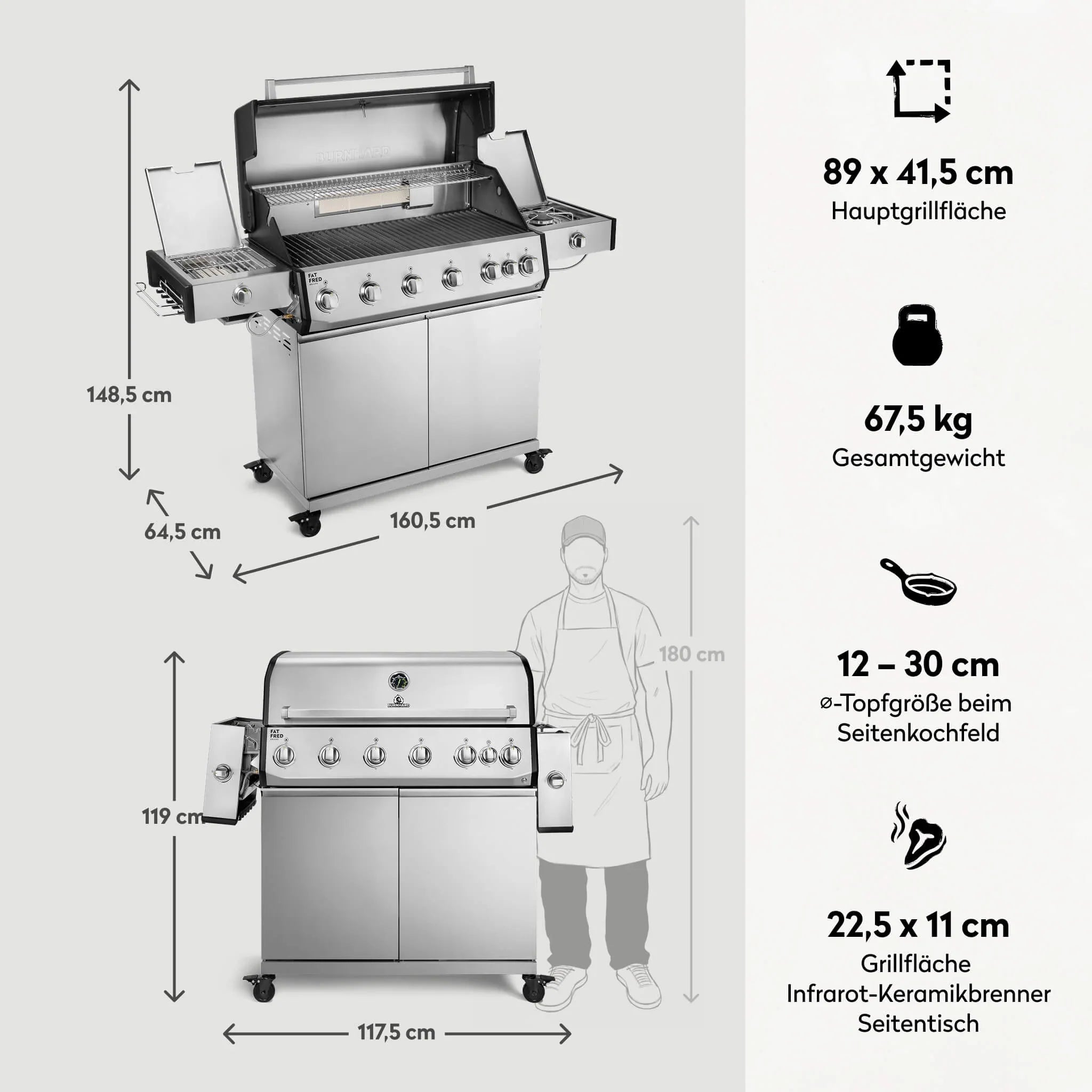 Burnhard Fat FRED Deluxe+ Gasgrill 6 - Brenner Edelstahl mit Gusseisenrost Series 4 - Grillstar.deBurnhard Fat FRED Deluxe+ Gasgrill 6 - Brenner Edelstahl mit Gusseisenrost Series 4BurnhardGrillstar.de