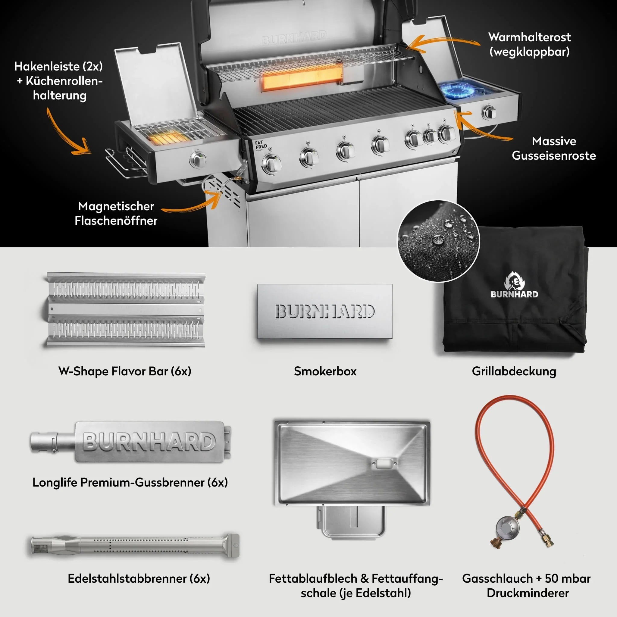 Burnhard Fat FRED Deluxe+ Gasgrill 6 - Brenner Edelstahl mit Gusseisenrost Series 4 - Grillstar.deBurnhard Fat FRED Deluxe+ Gasgrill 6 - Brenner Edelstahl mit Gusseisenrost Series 4BurnhardGrillstar.de