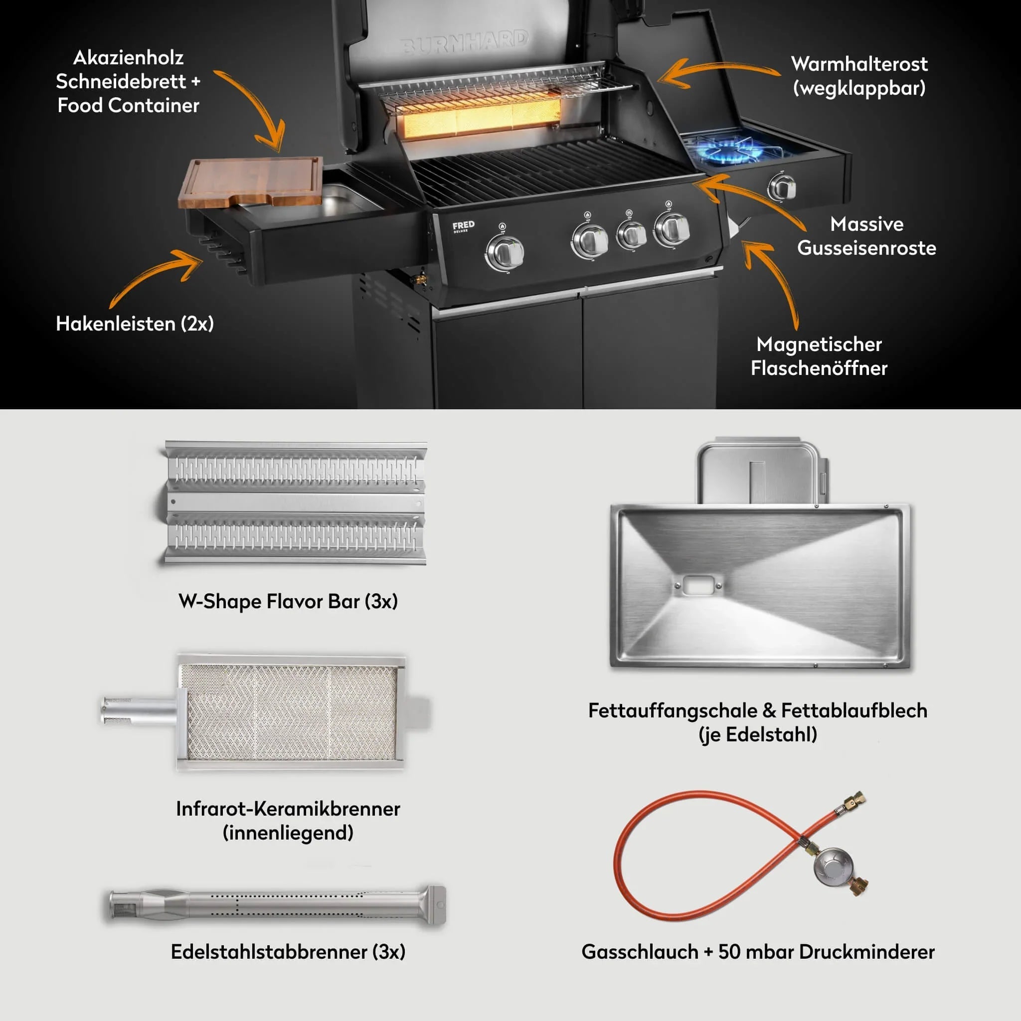 Burnhard FRED Deluxe Gasgrill 3 - Brenner Black Edition mit Gusseisenrost Series 4 - Grillstar.deBurnhard FRED Deluxe Gasgrill 3 - Brenner Black Edition mit Gusseisenrost Series 4BurnhardGrillstar.de