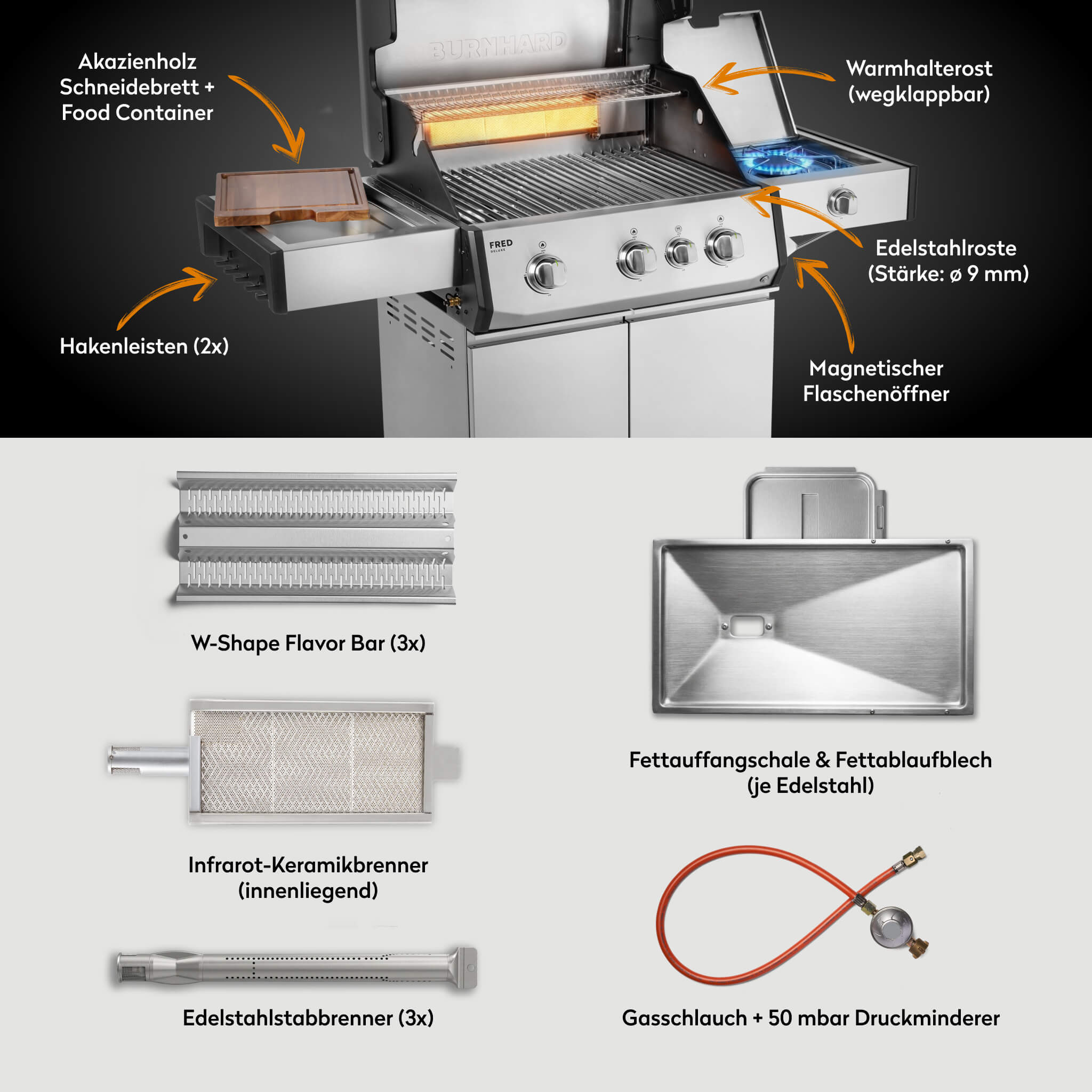 Burnhard FRED Deluxe Gasgrill 3 - Brenner Edelstahl mit Gusseisenrost Series 4 - Grillstar.deBurnhard FRED Deluxe Gasgrill 3 - Brenner Edelstahl mit Gusseisenrost Series 4BurnhardGrillstar.de