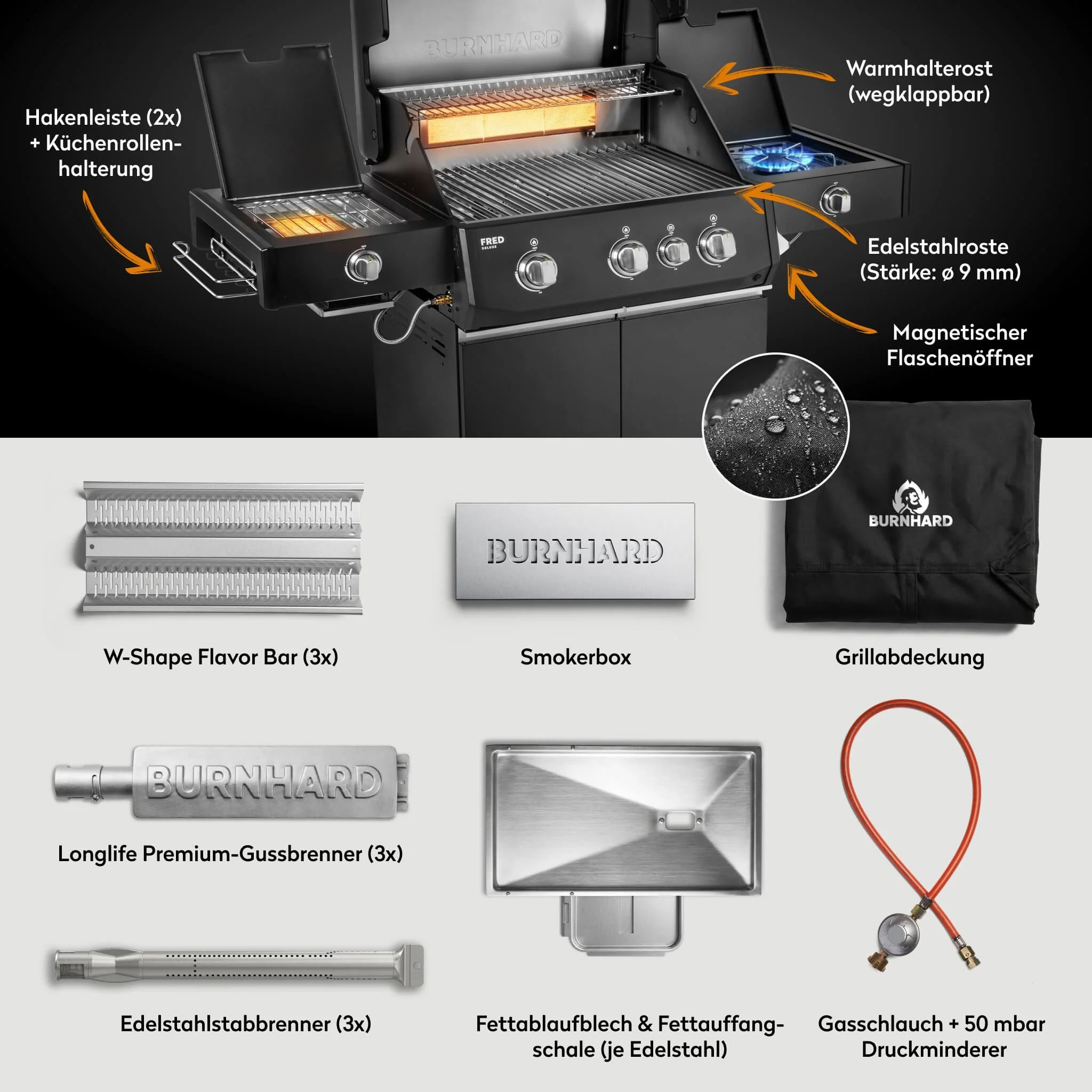 Burnhard FRED Deluxe+ Schwarz mit Edelstahlrosten - Grillstar.deBurnhard FRED Deluxe+ Schwarz mit EdelstahlrostenGrillBurnhardGrillstar.de