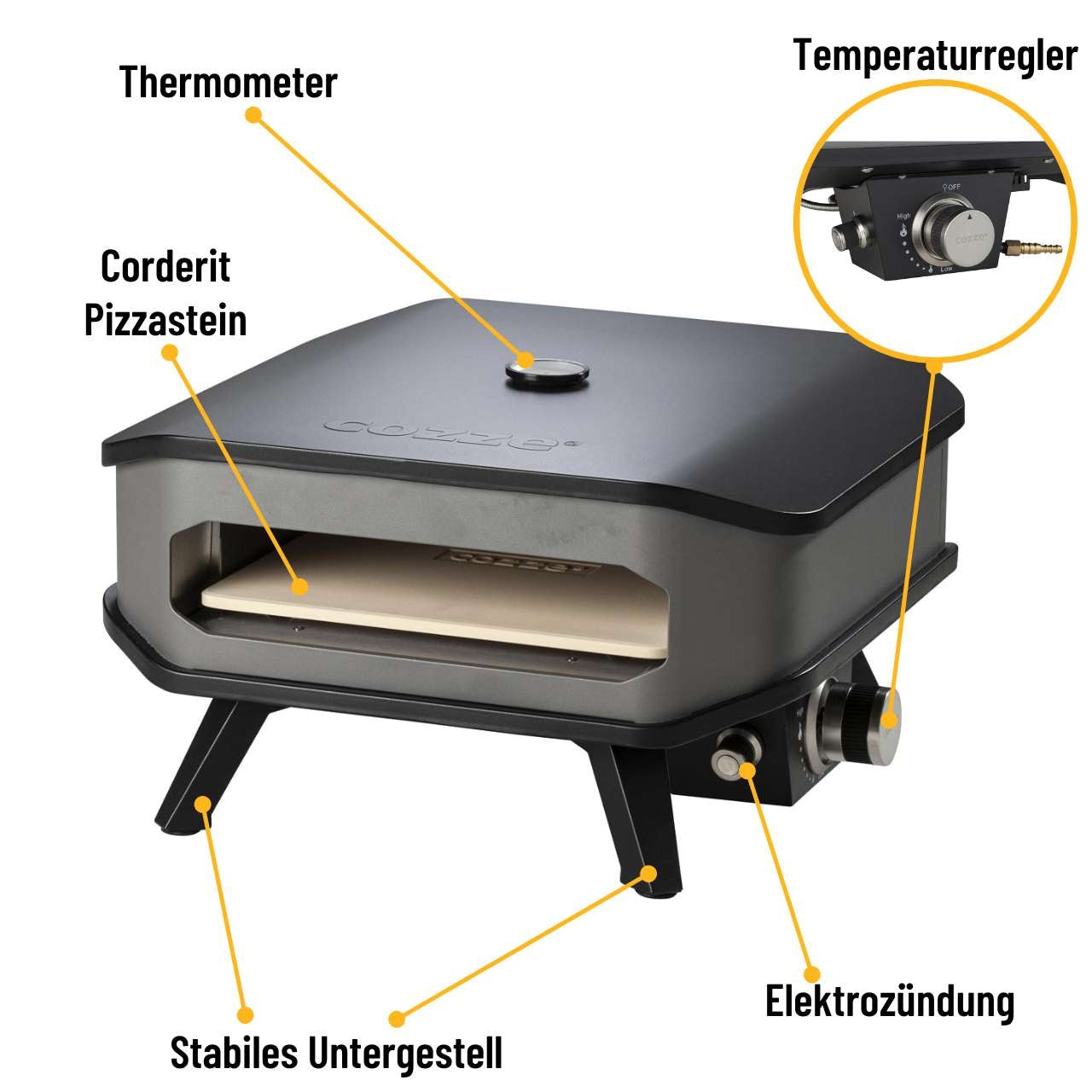 COZZE Pizzaofen 13", inkl. Thermometer, 400°C, 5 kW Leistung, 2 Minuten zur fertigen Pizza, leichter Transport