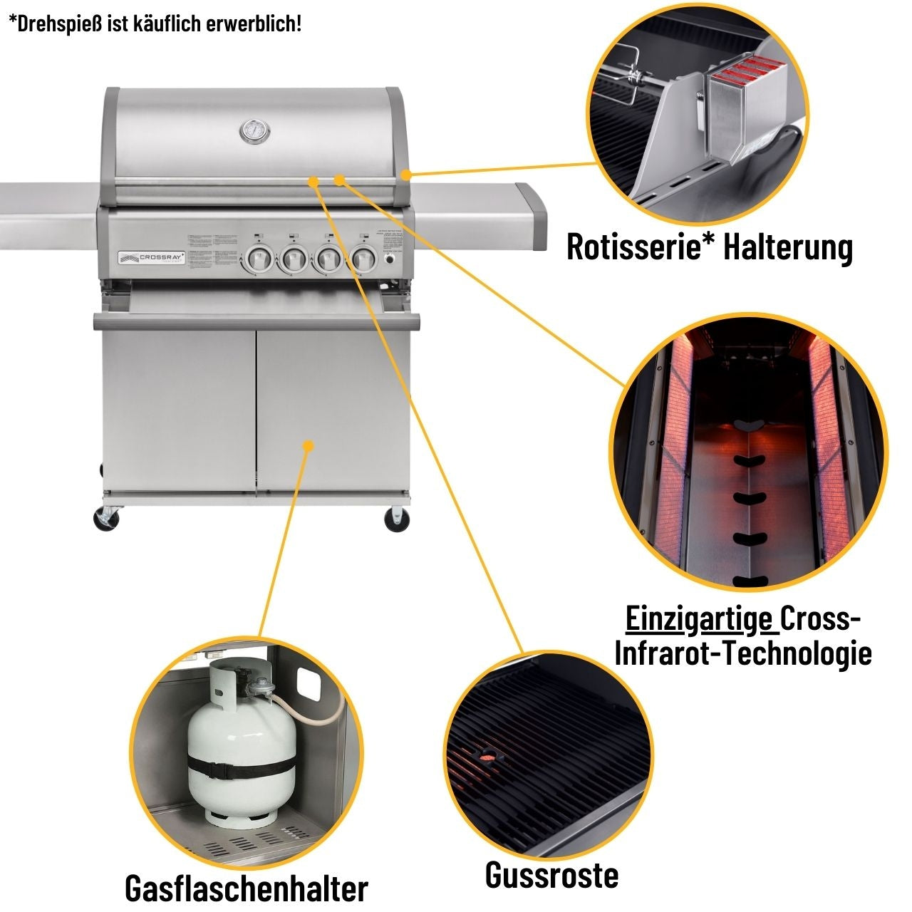 Crossray+ 4 Infrarot-Keramikbrenner, Gasgrill, 81 x 40 cm Gussroste