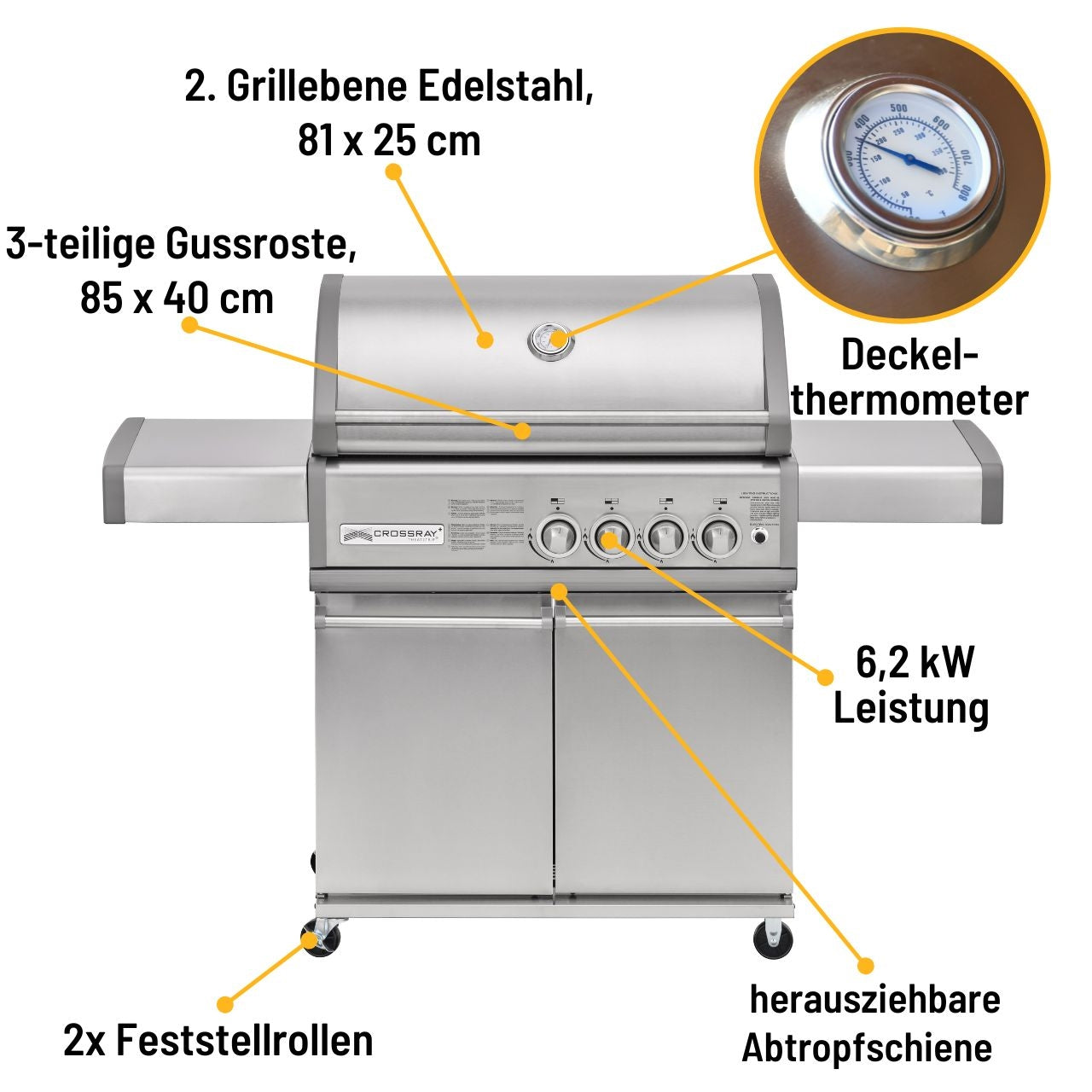 Crossray+ 4 Infrarot-Keramikbrenner, Gasgrill, 81 x 40 cm Gussroste