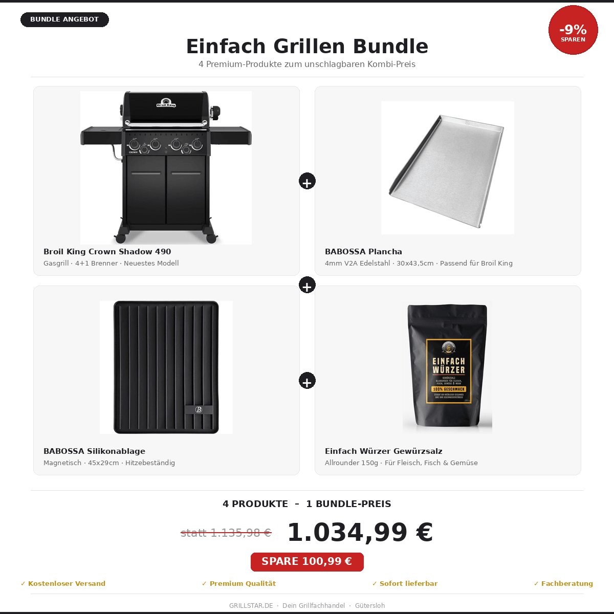 Einfach Grillen Bundle | Broil King Crown Shadow 490 | Einfach Würzer | BABOSSA Plancha | BABOSSA Silikonablage - Grillstar.deEinfach Grillen Bundle | Broil King Crown Shadow 490 | Einfach Würzer | BABOSSA Plancha | BABOSSA SilikonablageGrillBroil KingGrillstar.de