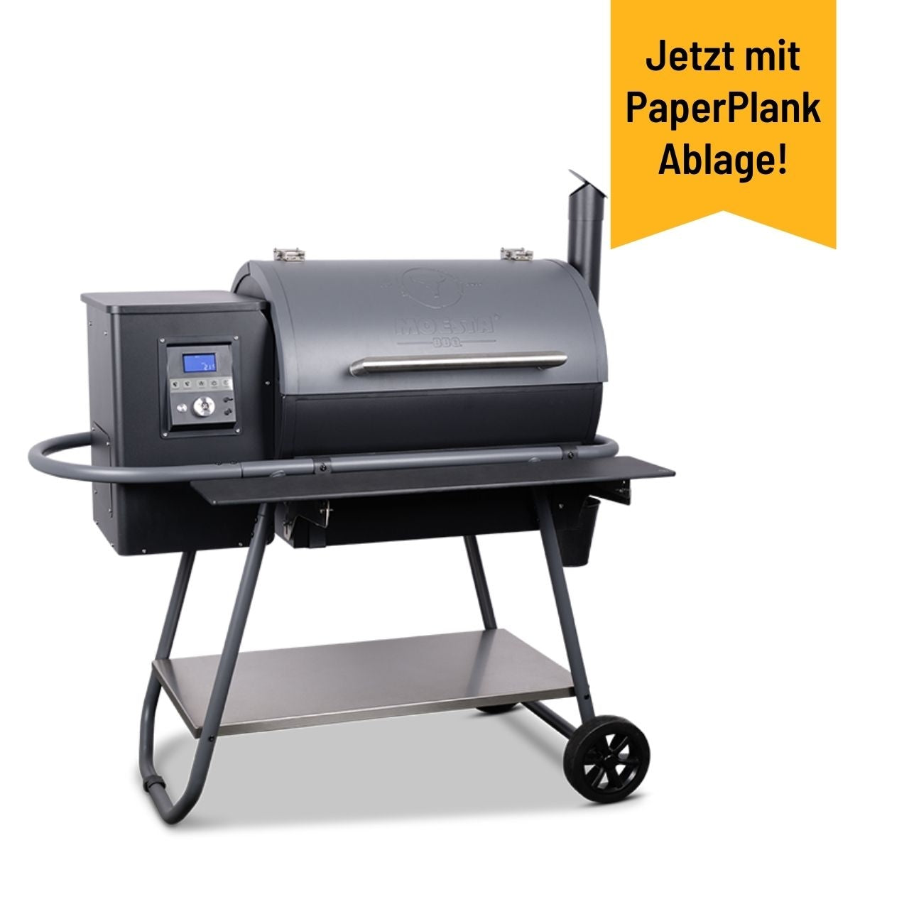 Moesta  Sheriff Pelletgrill, inkl. Ablagebrett PaperPlank schwarz & Halterungen, 66 x 44 cm Grillfläche