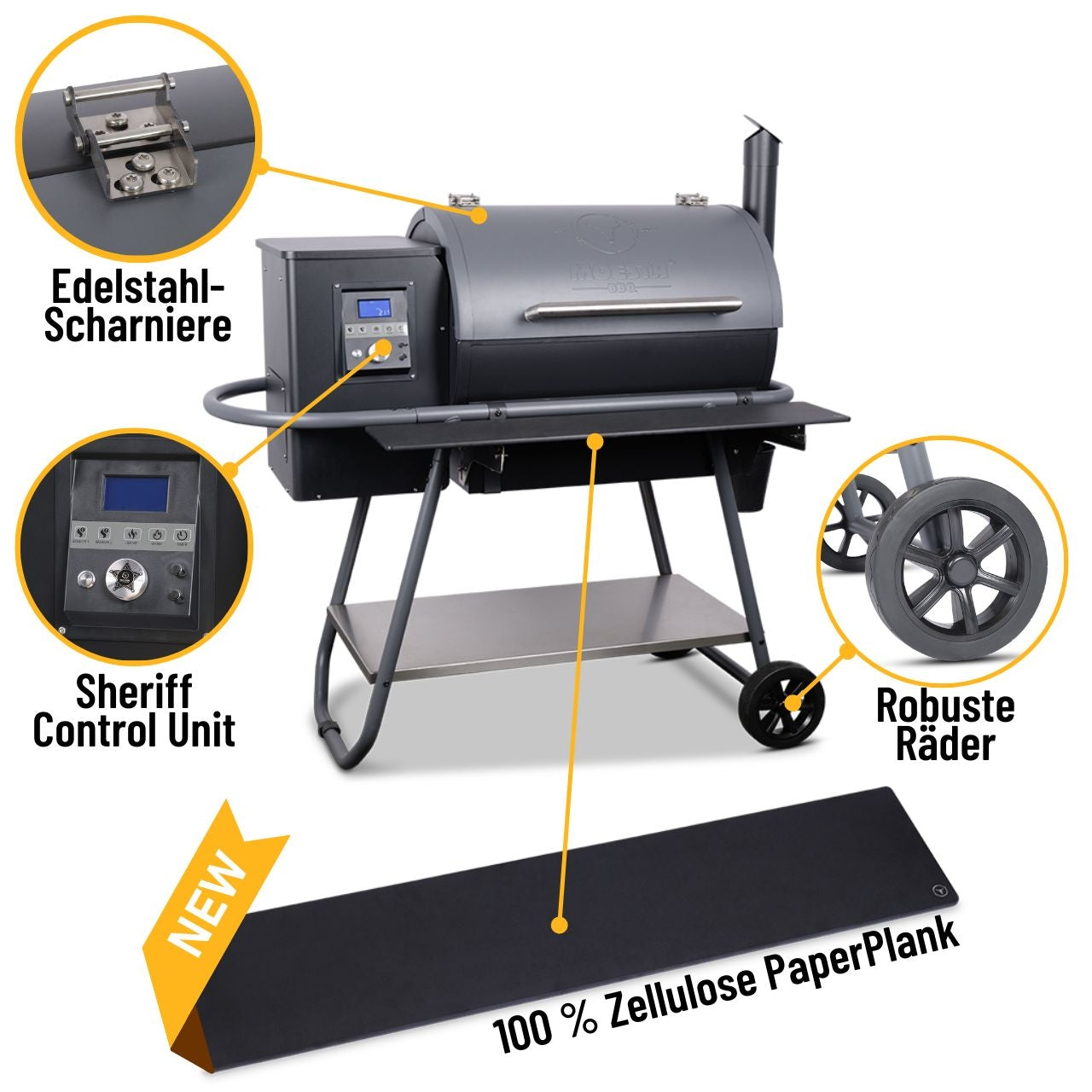 Moesta  Sheriff Pelletgrill, inkl. Ablagebrett PaperPlank schwarz & Halterungen, 66 x 44 cm Grillfläche