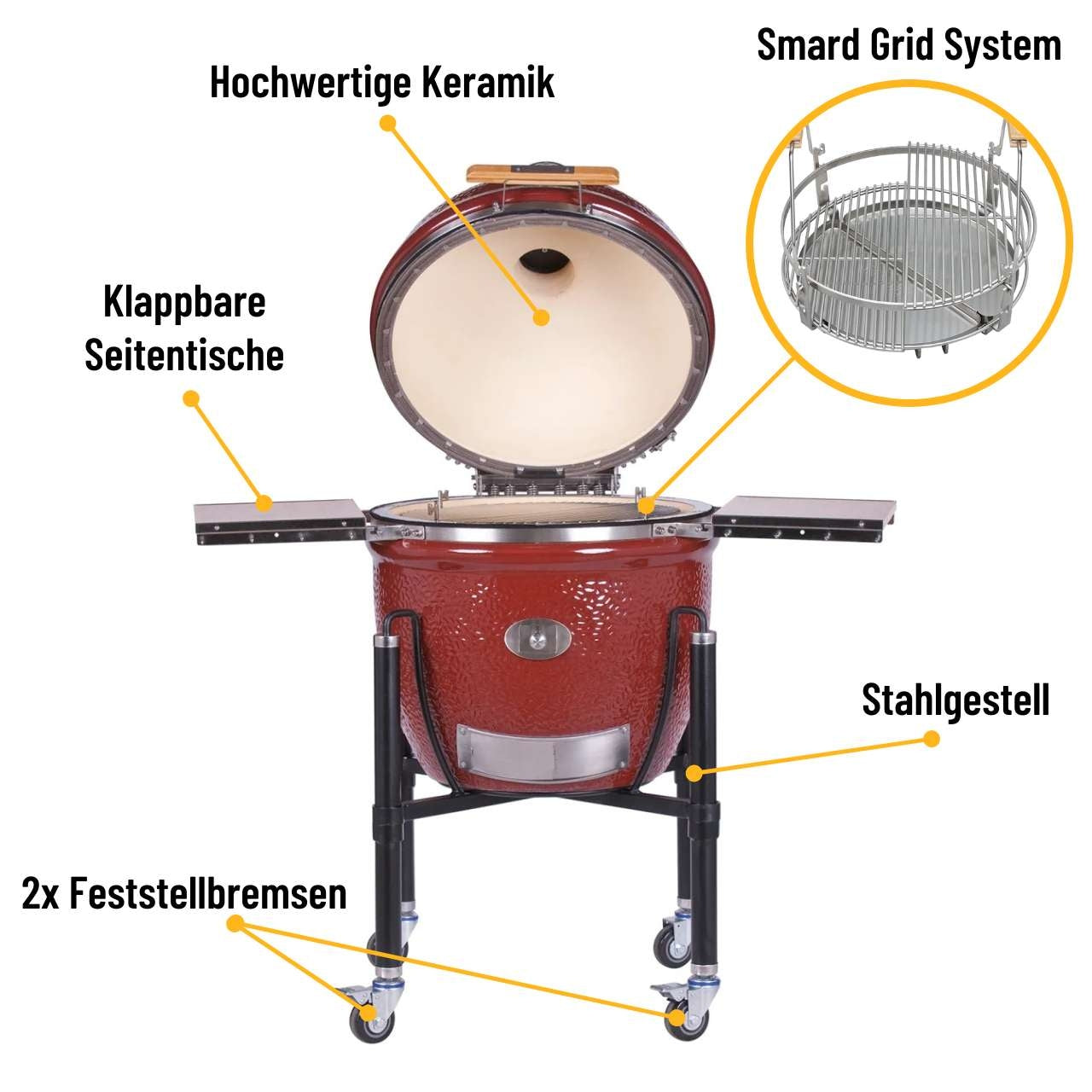 Monolith Kamado Grill LeChef Pro-Serie 2.0 – RED mit Gestell, 55 cm Edelstahlrost, Glasfaserdichtung, Smart Grid System