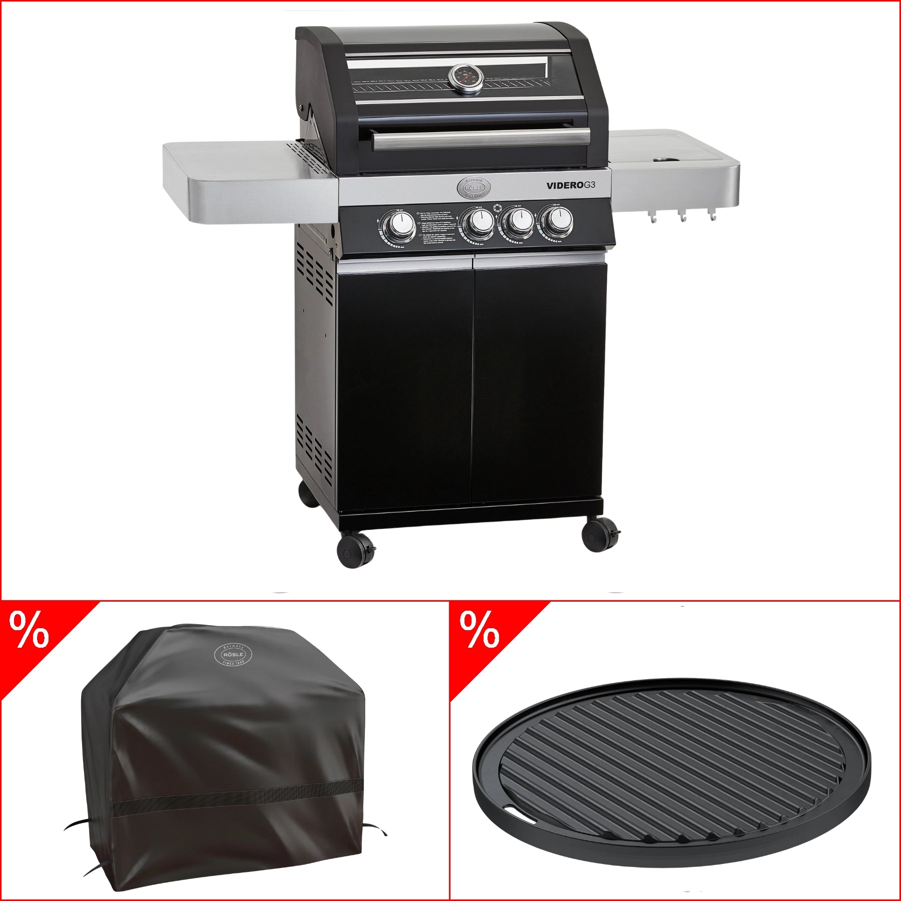 Rösle Gasgrill BBQ - Station VIDERO G3 schwarz 50 mbar Bundle mit GRATIS Abdeckhaube und Grillplatte rund - Grillstar.deRösle Gasgrill BBQ - Station VIDERO G3 schwarz 50 mbar Bundle mit GRATIS Abdeckhaube und Grillplatte rundRösleGrillstar.de25519_25556_25423