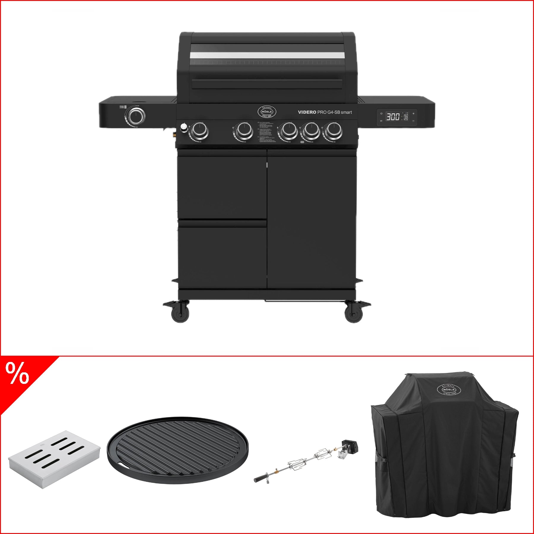 Rösle Videro pro Smart Bundle - mit Grillplatte, Rotisserie, Räucherbox und Abdeckhaube - Grillstar.deRösle Videro pro Smart Bundle - mit Grillplatte, Rotisserie, Räucherbox und AbdeckhaubeGrillRösleGrillstar.de