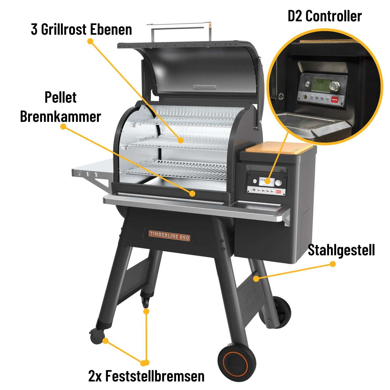 Traeger Timberline 850 Pellet Grill, Frontablage, Pelletsensor, Bambus-Schneidbrett